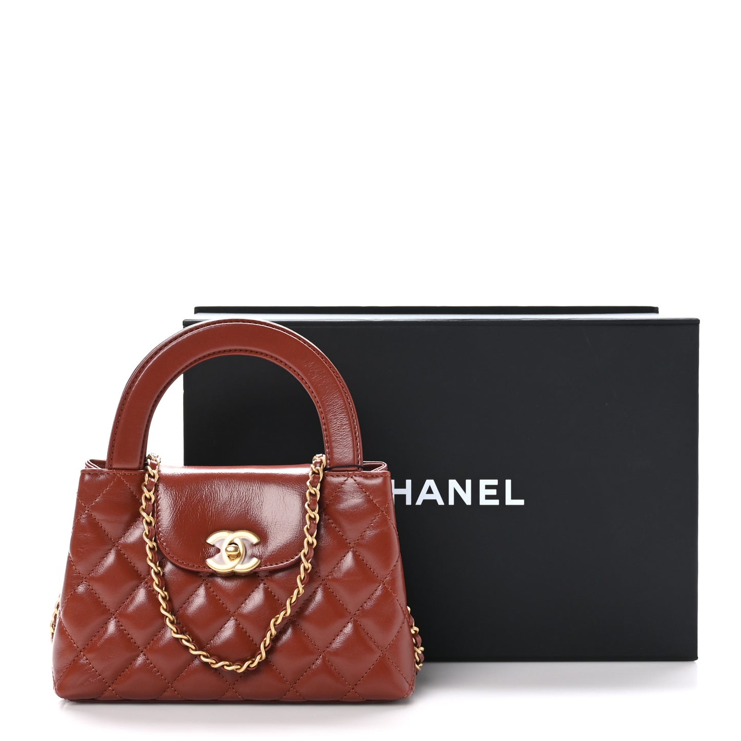 Shiny Aged Calfskin Quilted Nano Kelly Shopper Brown