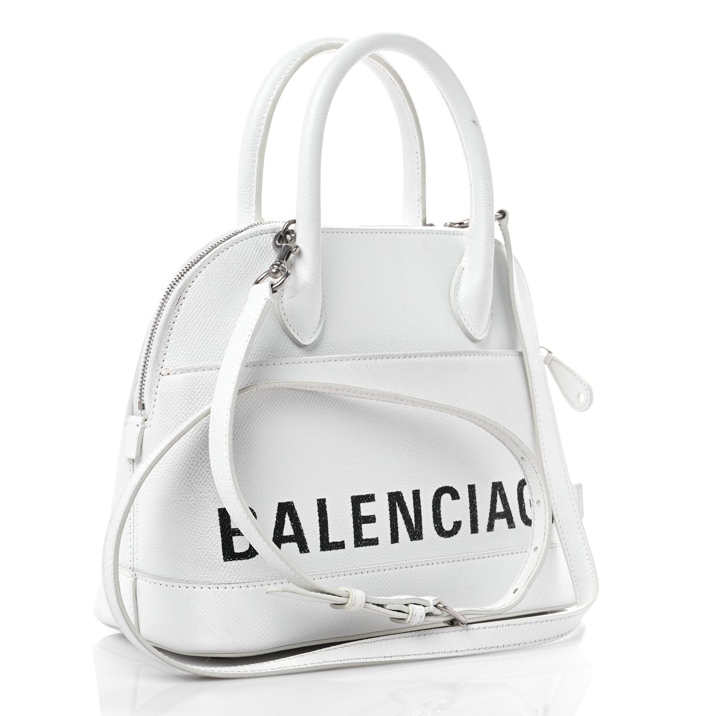 Signature Grained Calfskin Logo S Ville Top Handle Bag White Black