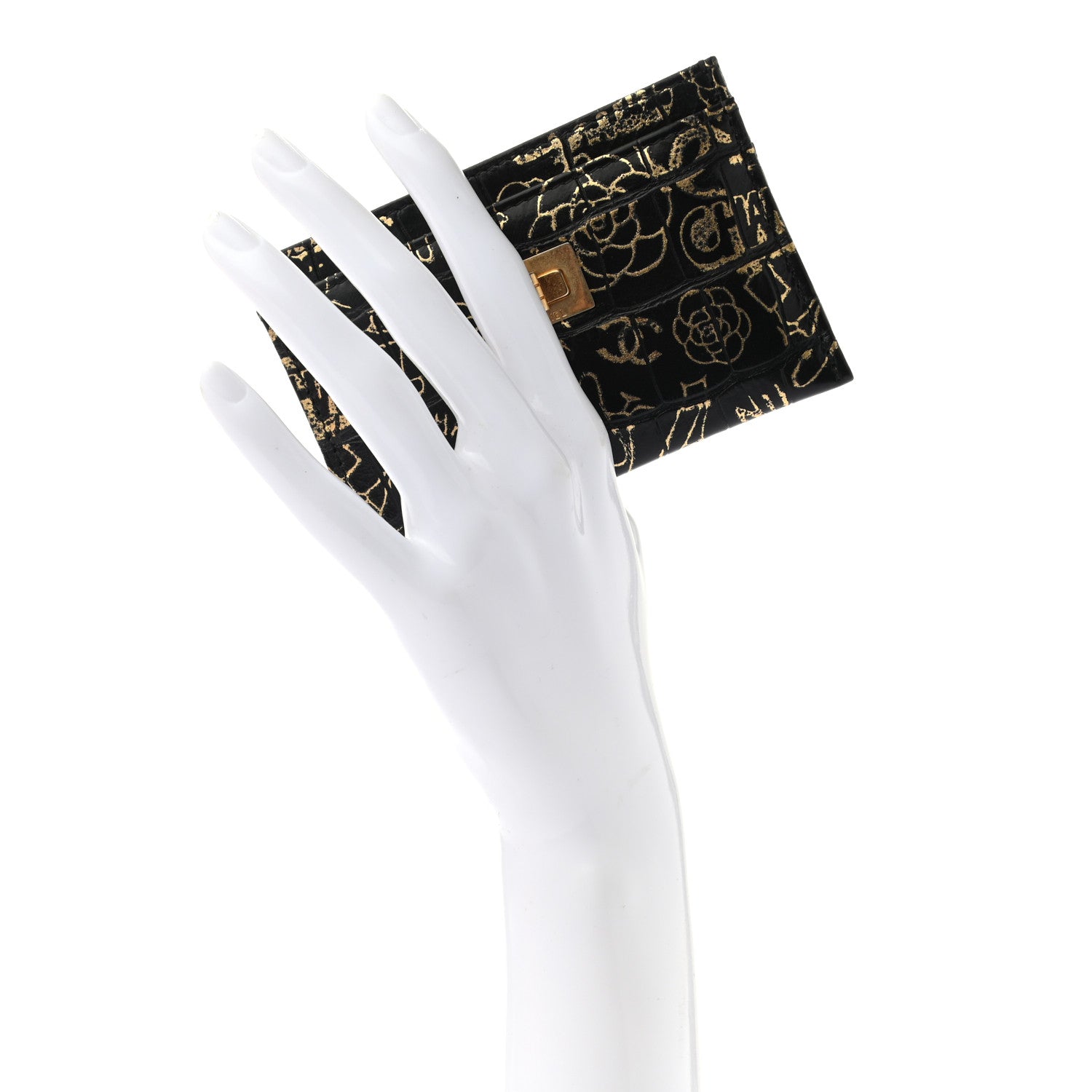 Chanel Calfskin Crocodile Embossed Graffiti 2.55 Cocodile Reissue Card Holder Black Gold 2 of 8