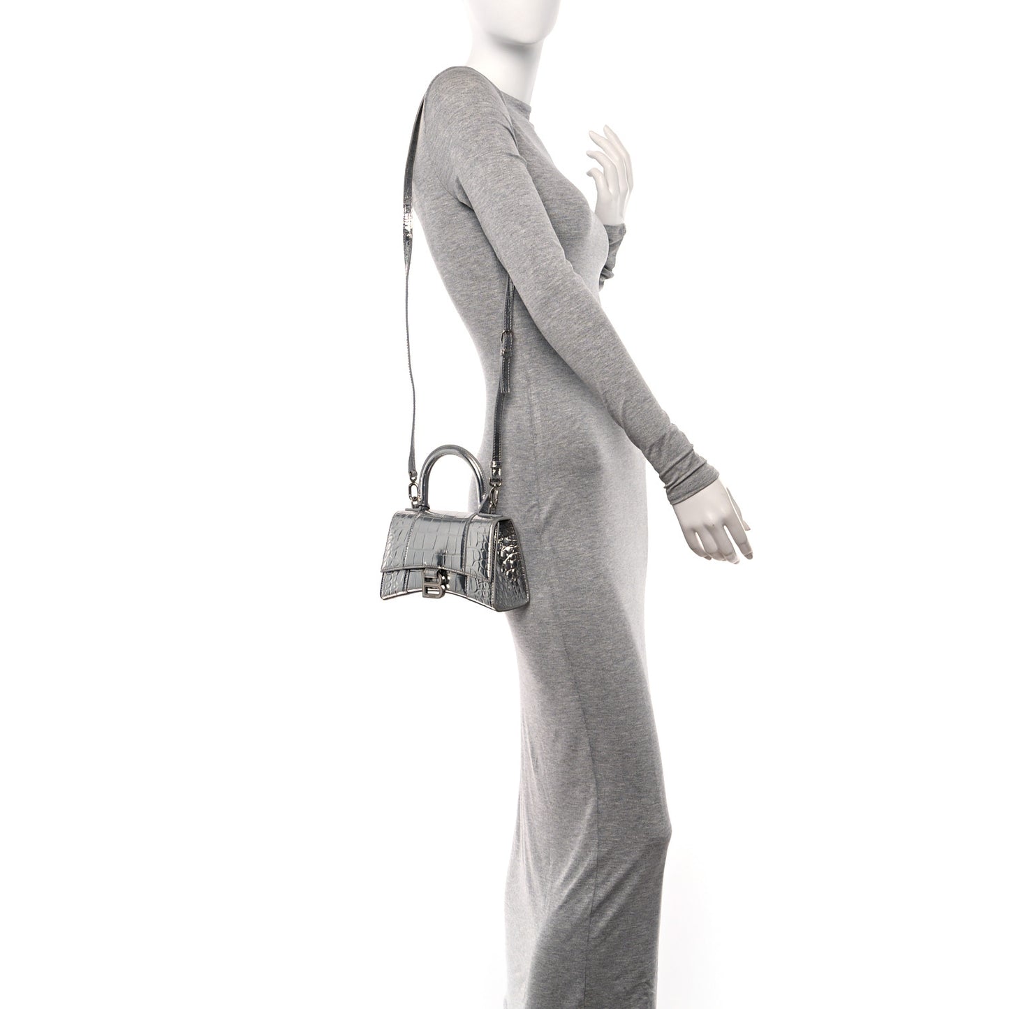 Metallic Calfskin Crocodile Embossed Hourglass Top Handle Bag XS Silver