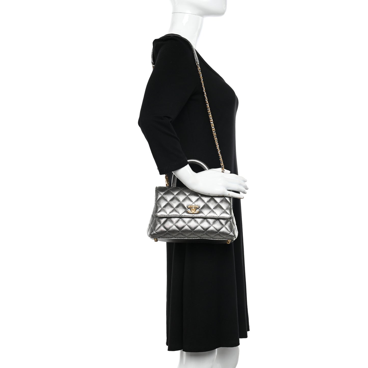 Metallic Caviar Quilted Mini Coco Handle Flap Silver