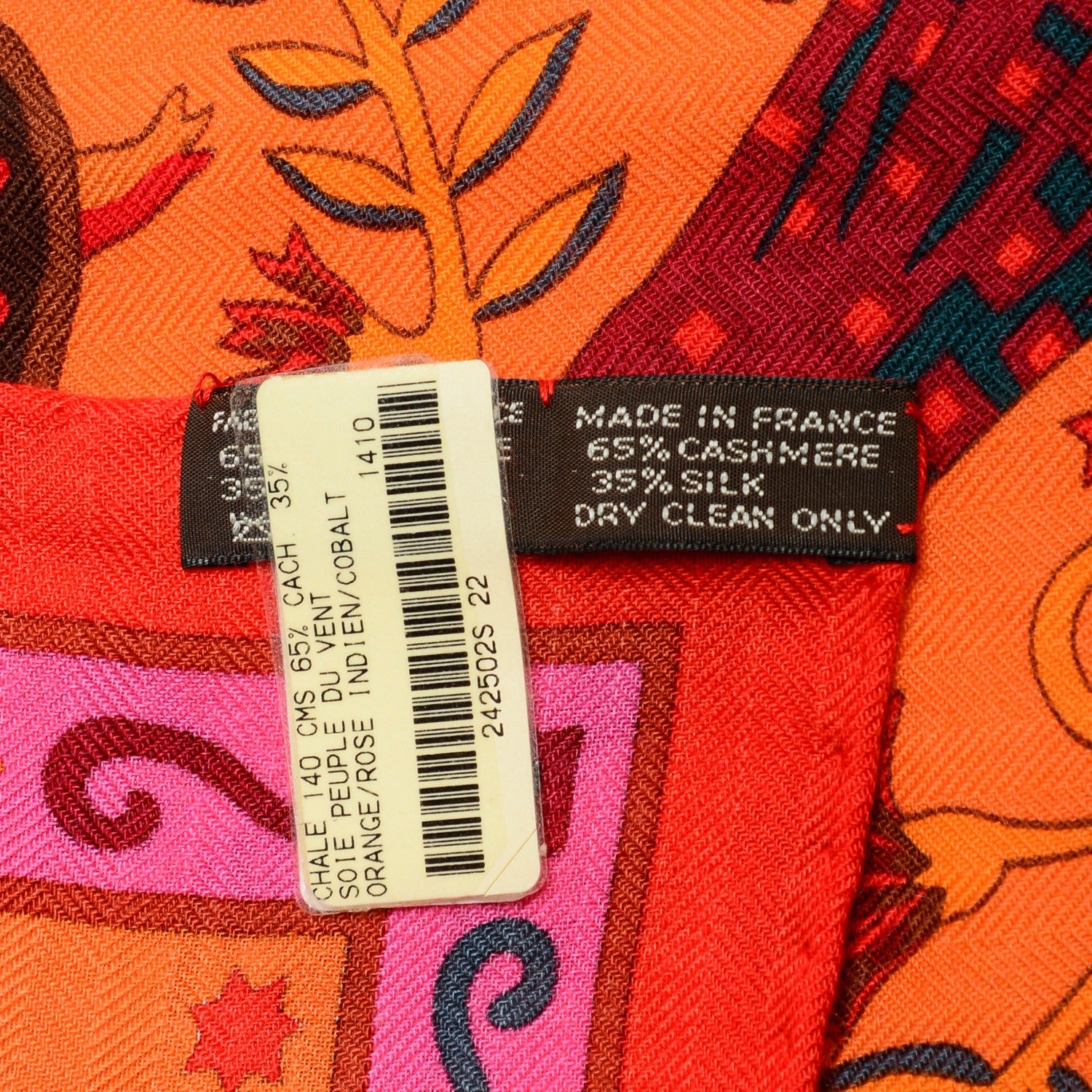 Hermes Cashmere Silk Peuple Du Vent Shawl 140 Rose Indien Orange Cobalt 6 of 6