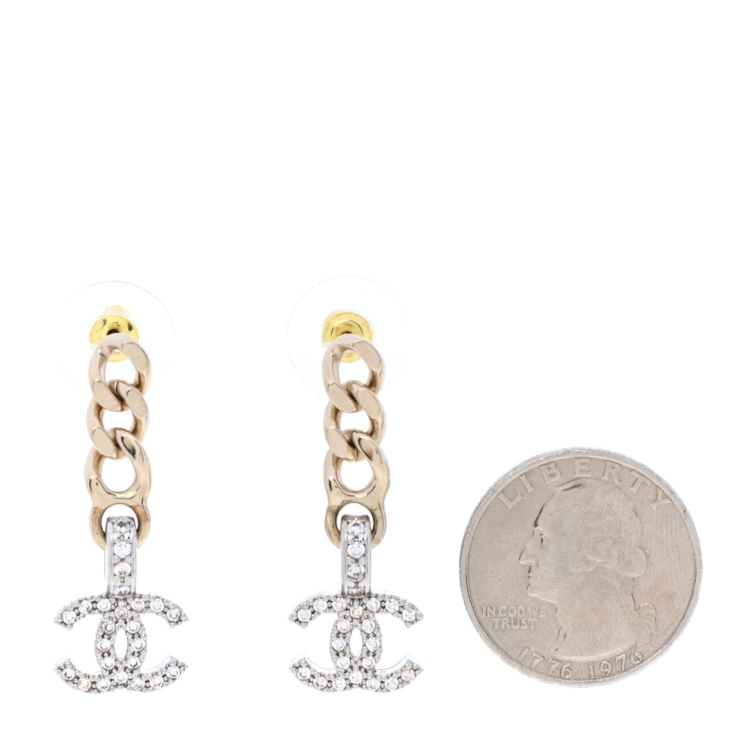 Metal Crystal CC Chain Drop Earrings Gold