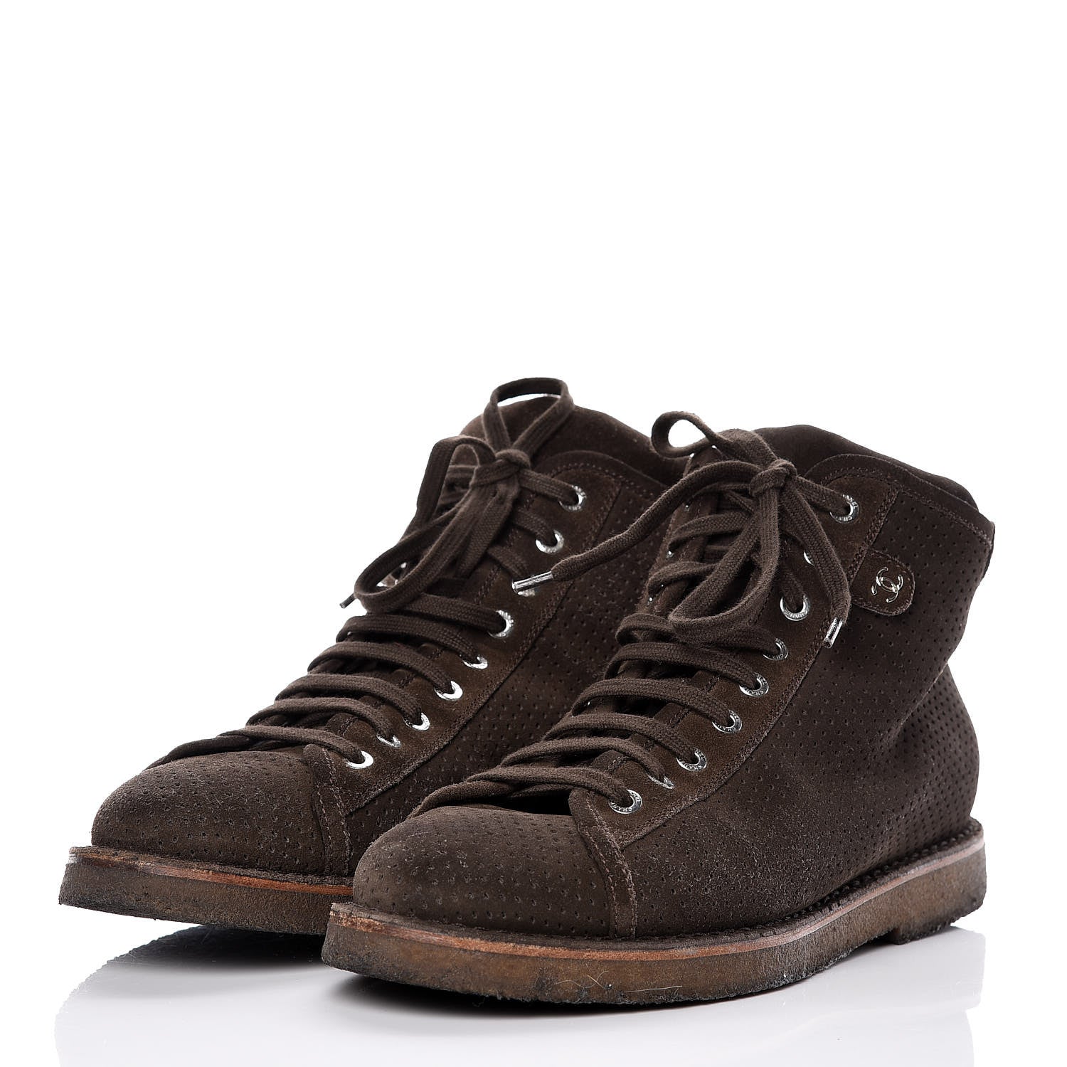 Chanel Suede Perforated Lace Up Short Boots 41 Dark Brown 3 of 10