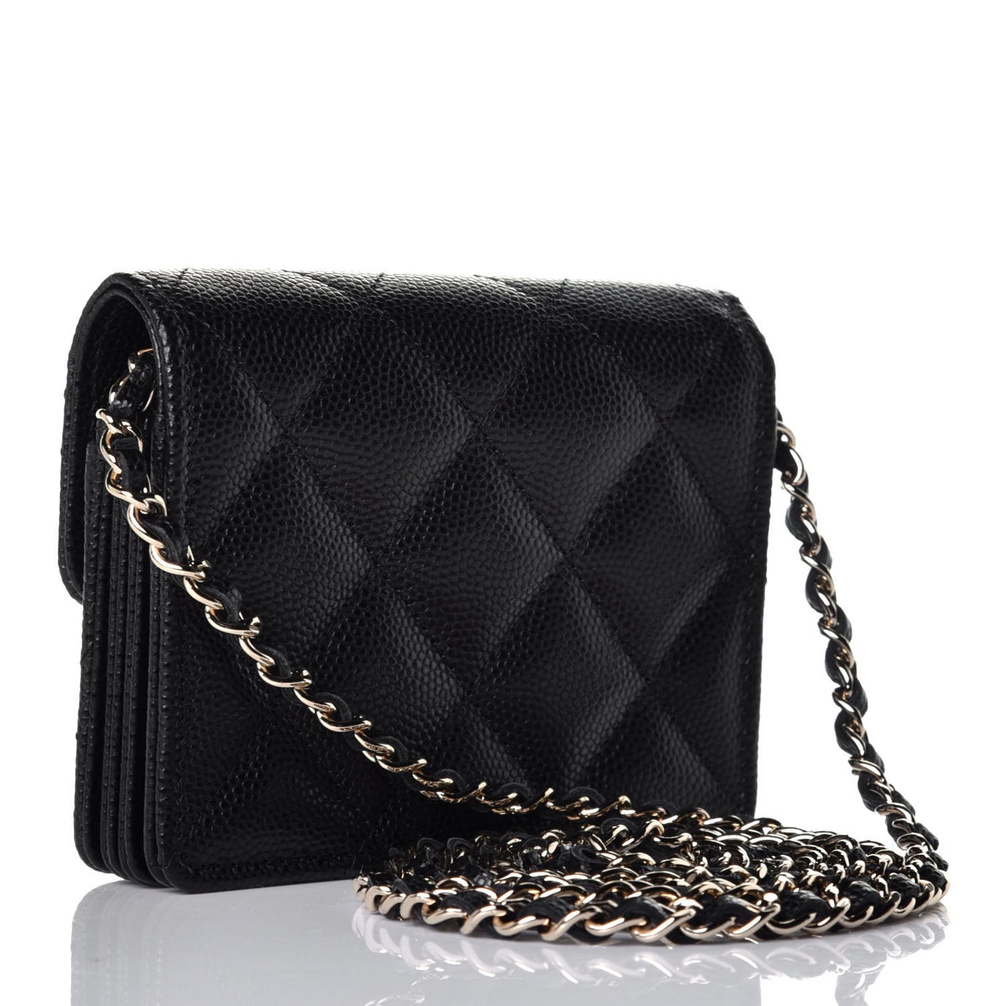 Caviar Quilted Flap Card Holder On Chain Black