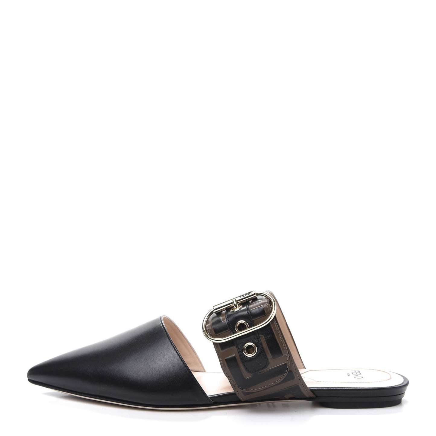 Vitello FF Embossed Buckle Flat Mules 35.5 Maya Black