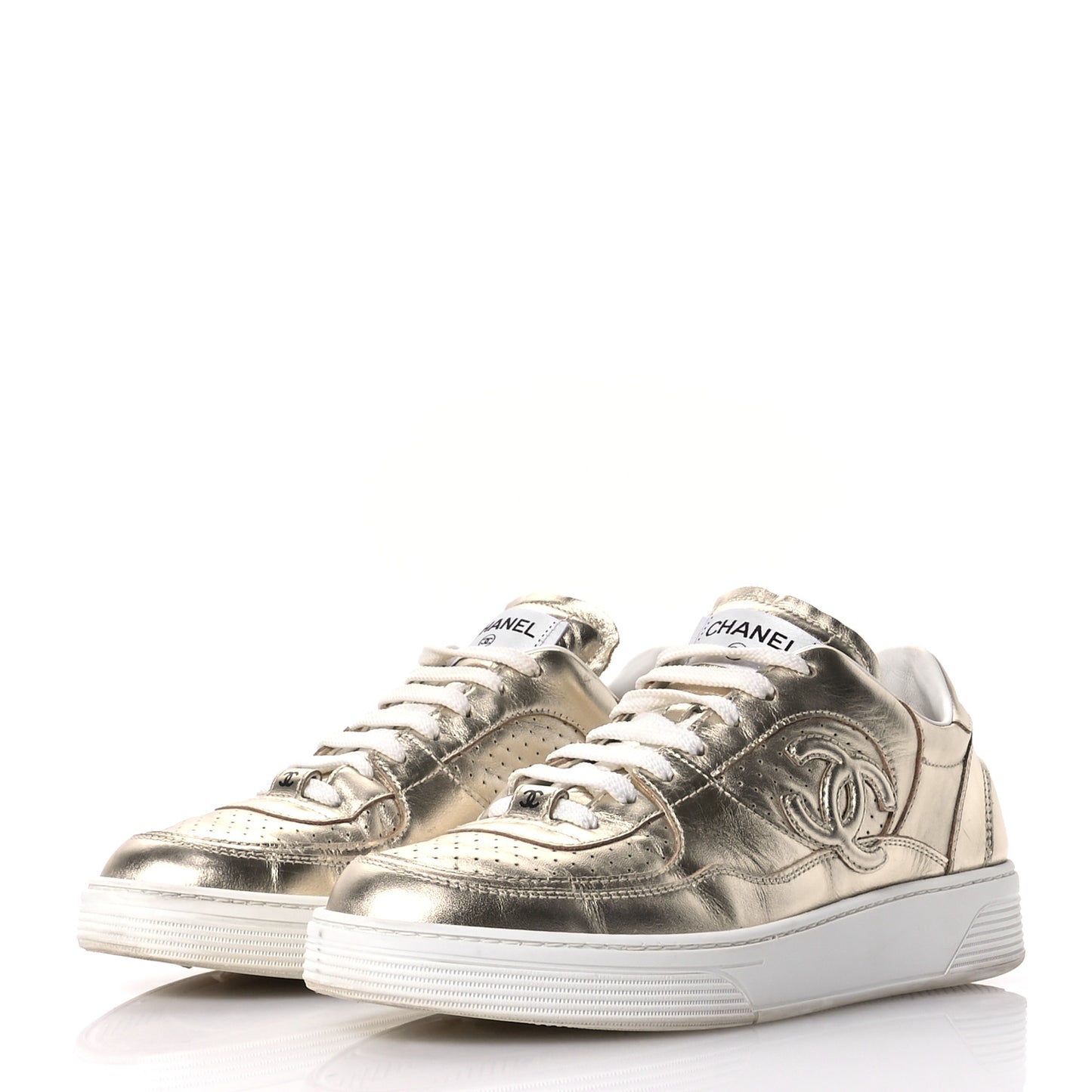 Laminated Calfskin CC Womens Sneakers 41 Golden