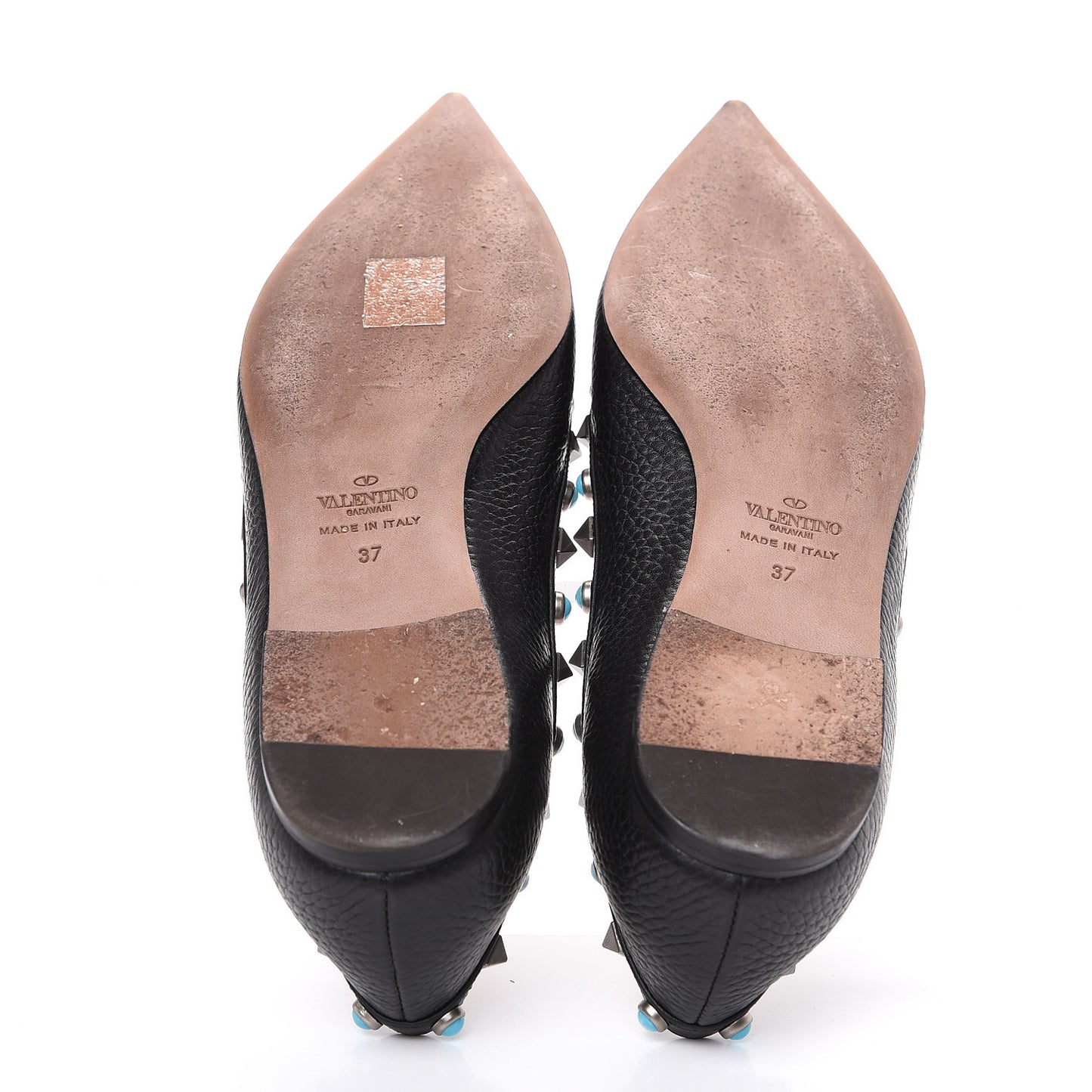Pebbled Calfskin Rockstud Rolling Ballerina Flats 37 Black