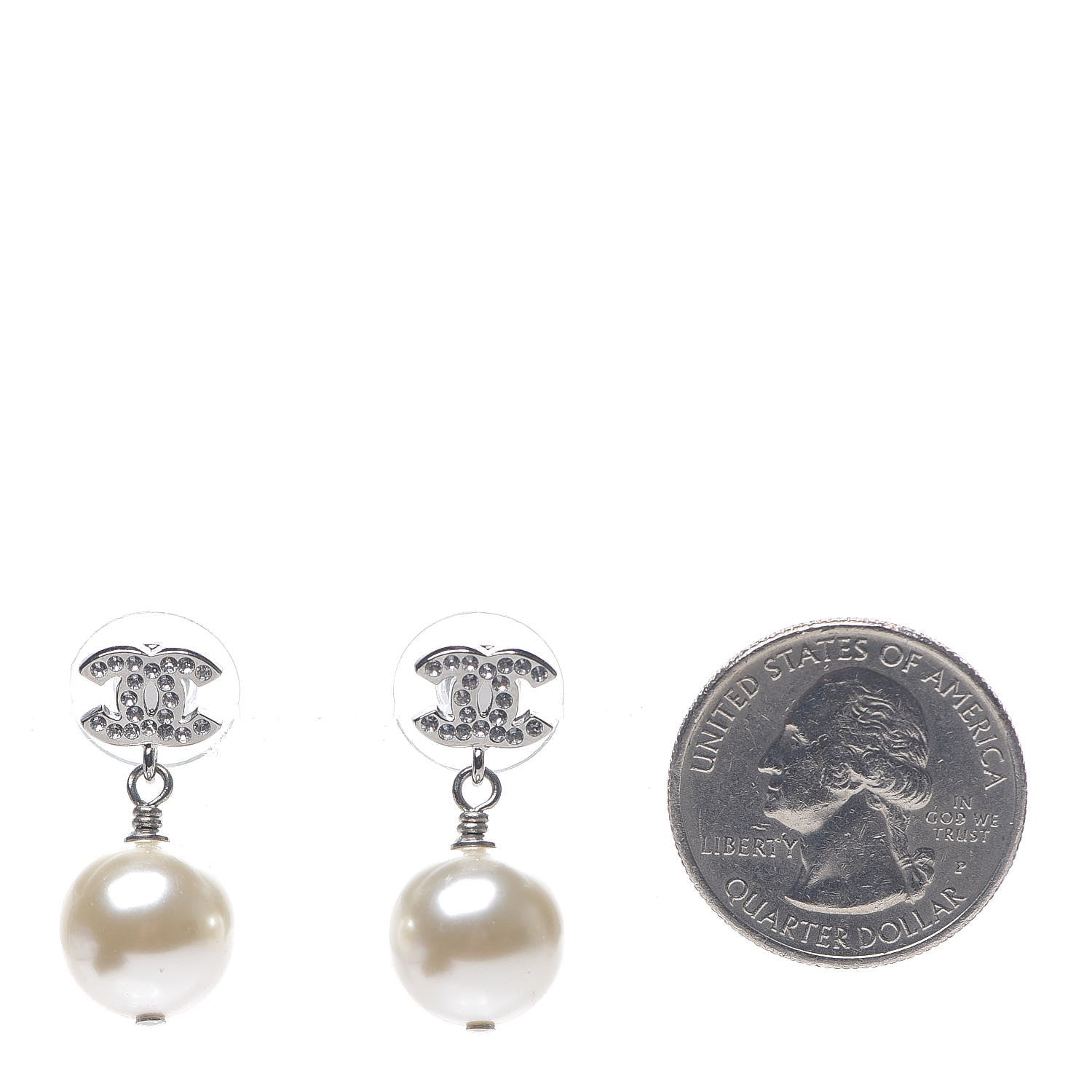 Chanel Crystal Pearl CC Drop Earrings Silver Pearly White 2 of 5