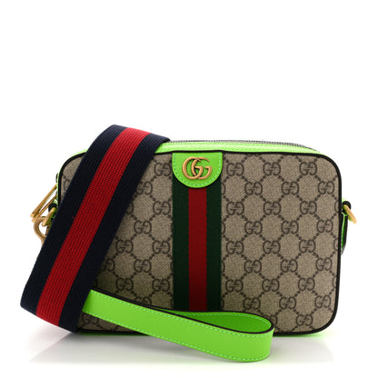 Gucci GG Supreme Monogram Textured Dollar Calfskin Web Ophidia Wristlet Shoulder Bag Beige Ebony Green 1 of 10