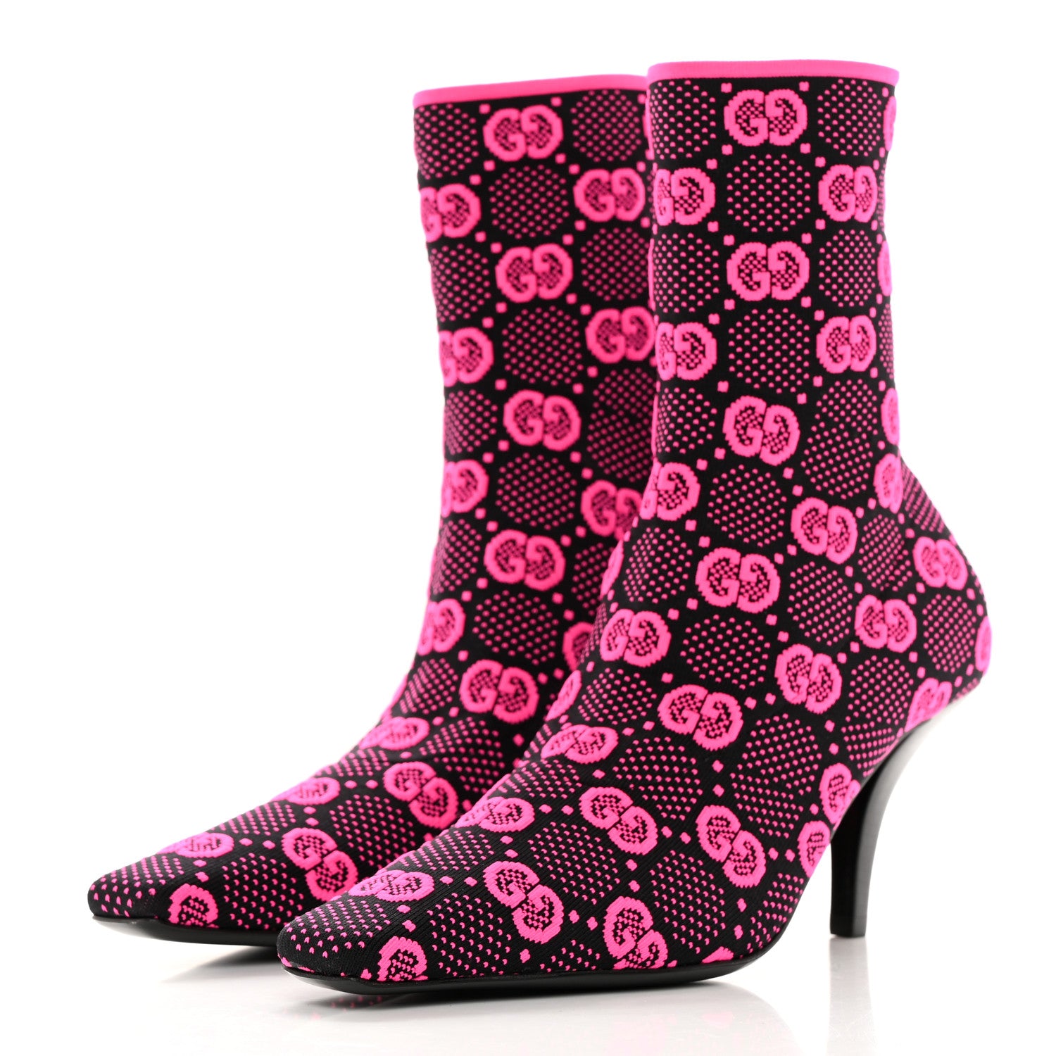 Gucci Technical Jersey Knit GG Monogram Square G 75mm Ankle Boots 36 Black Neon Fucsia 3 of 8