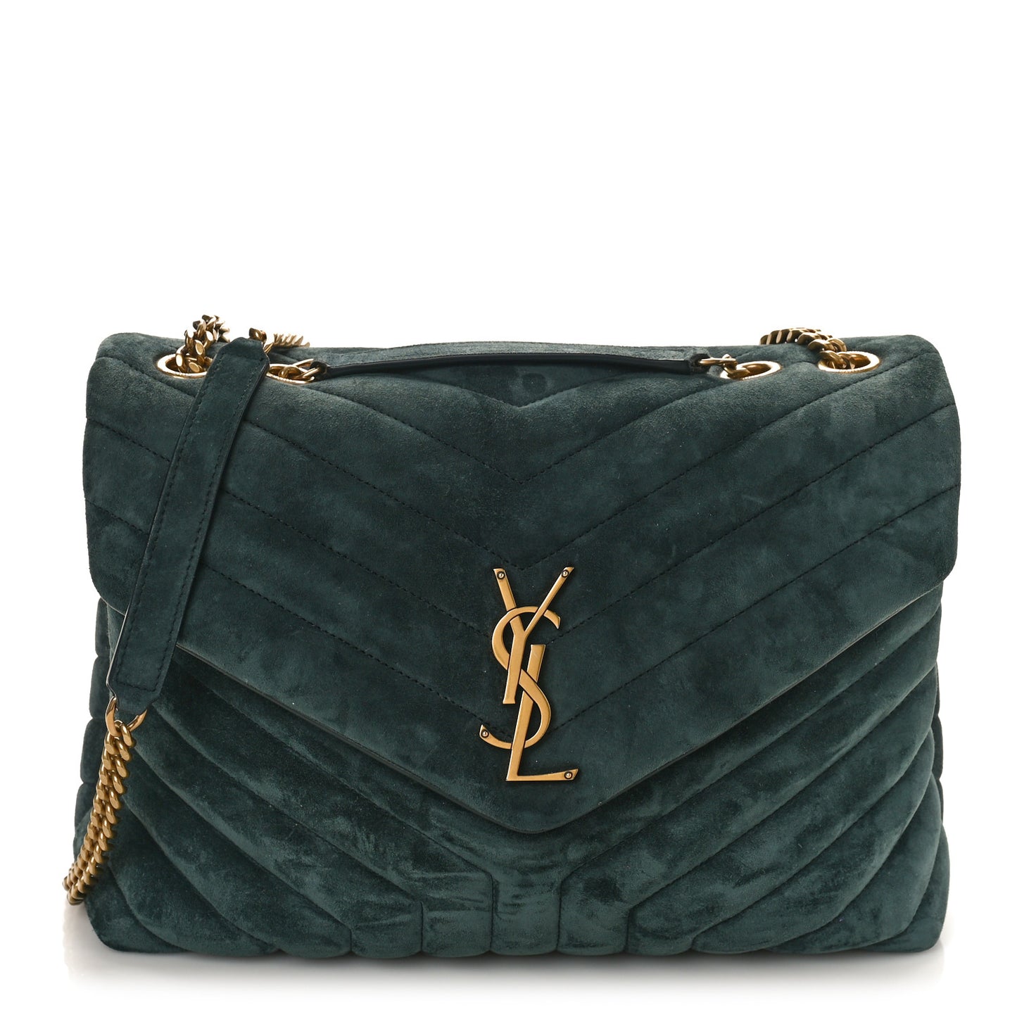 Suede Y Quilted Monogram Medium Loulou Chain Satchel Deep Green