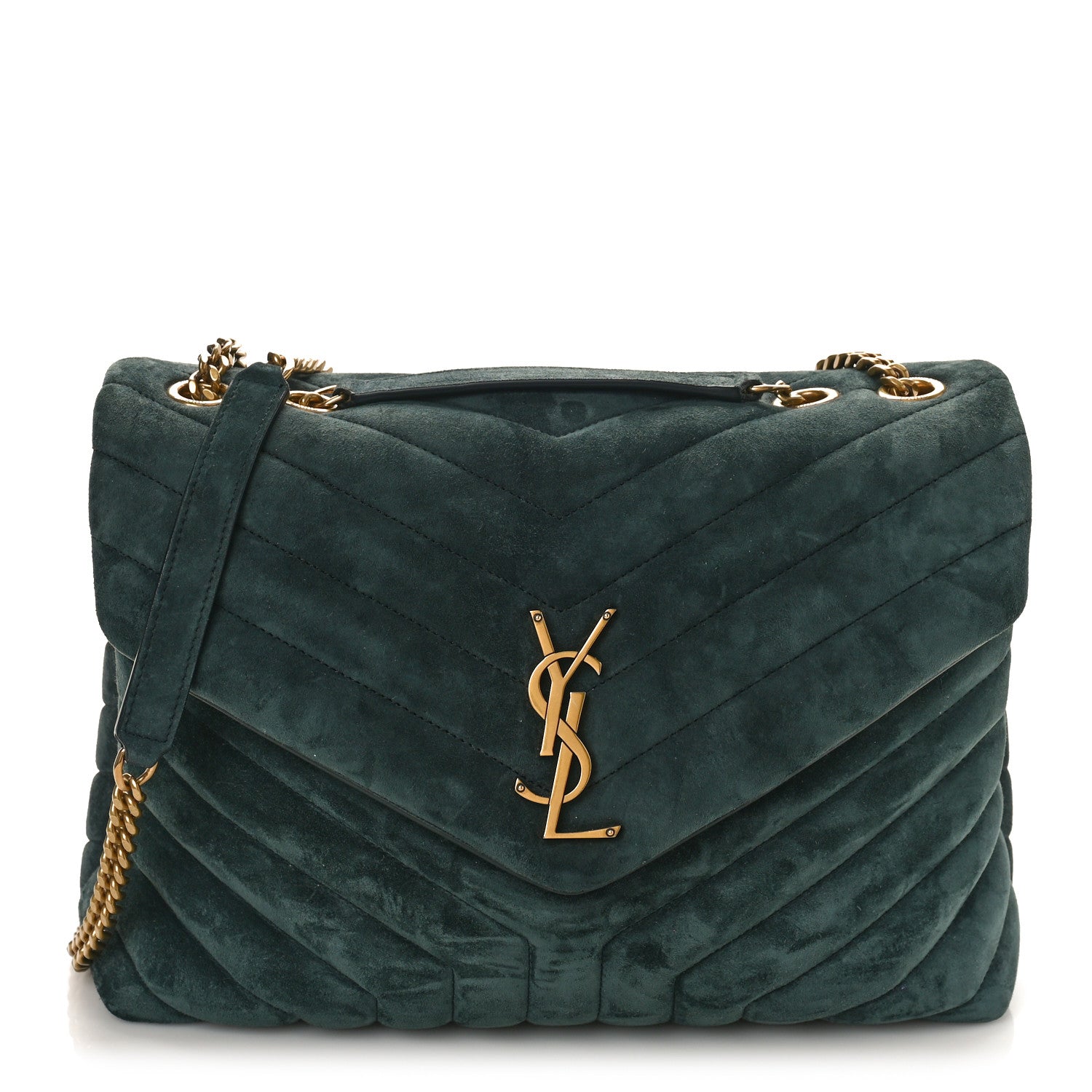 Saint Laurent Suede Y Quilted Monogram Medium Loulou Chain Satchel Deep Green 1 of 8