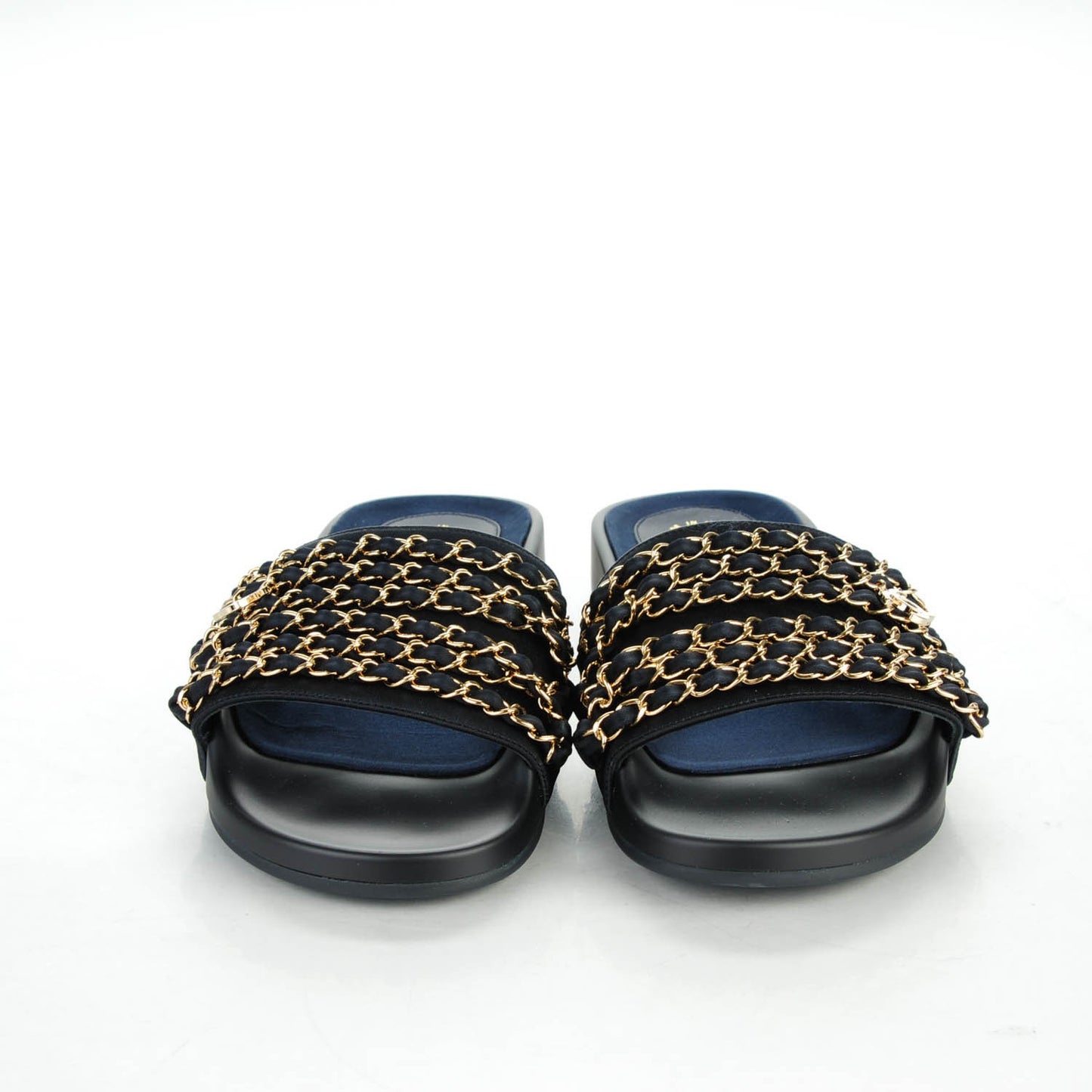 Lambskin Canvas Chain Flat Sandals 38 Navy