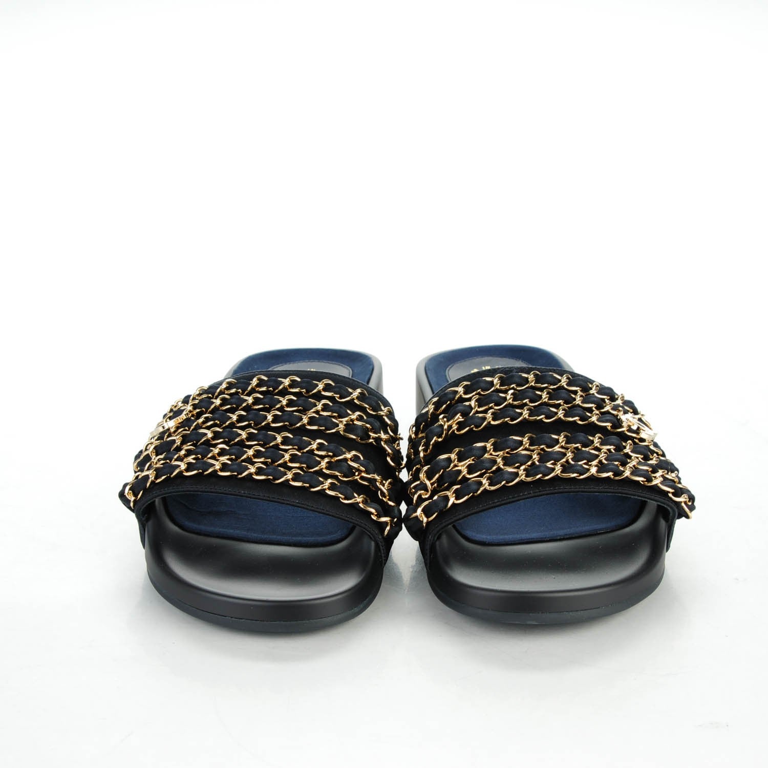 Chanel Lambskin Canvas Chain Flat Sandals 38 Navy 2 of 7