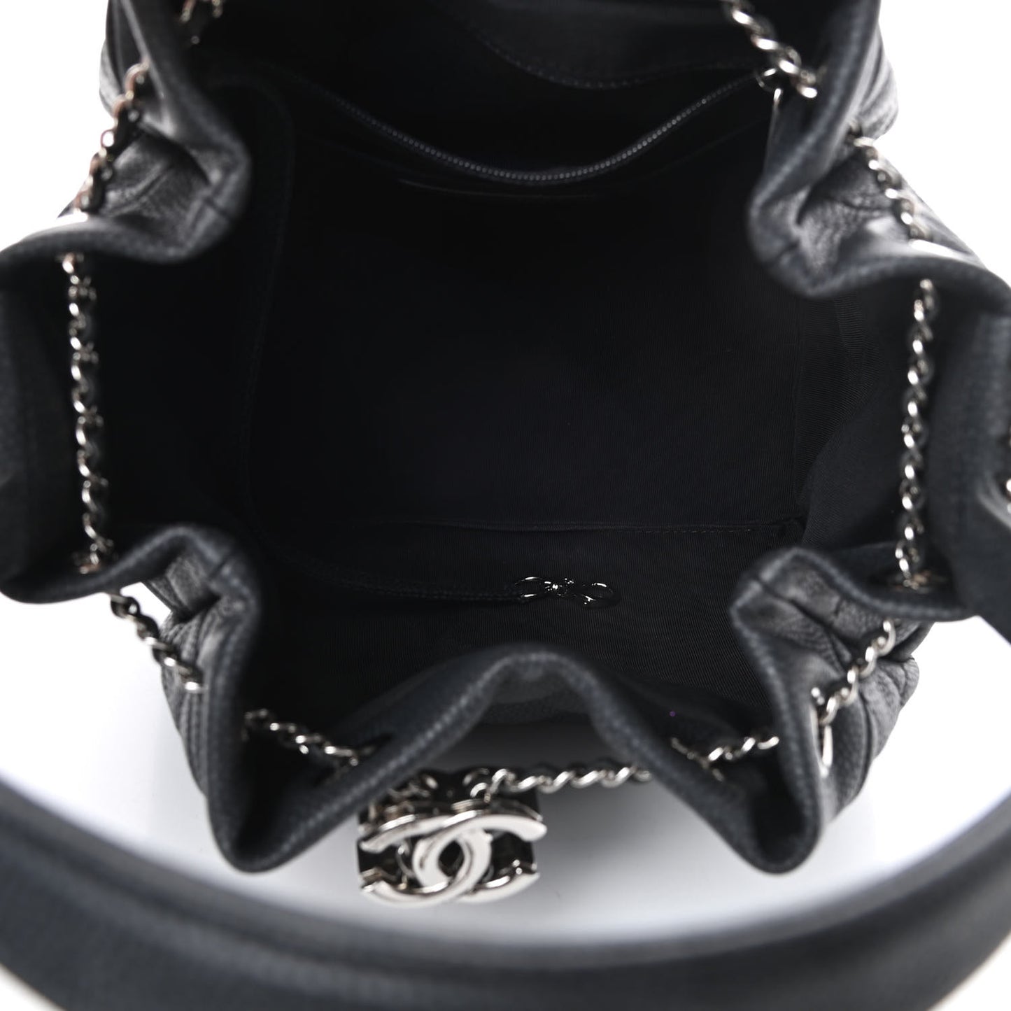 Caviar Flat Quilted CC Chain Bucket Drawstring Bag Black