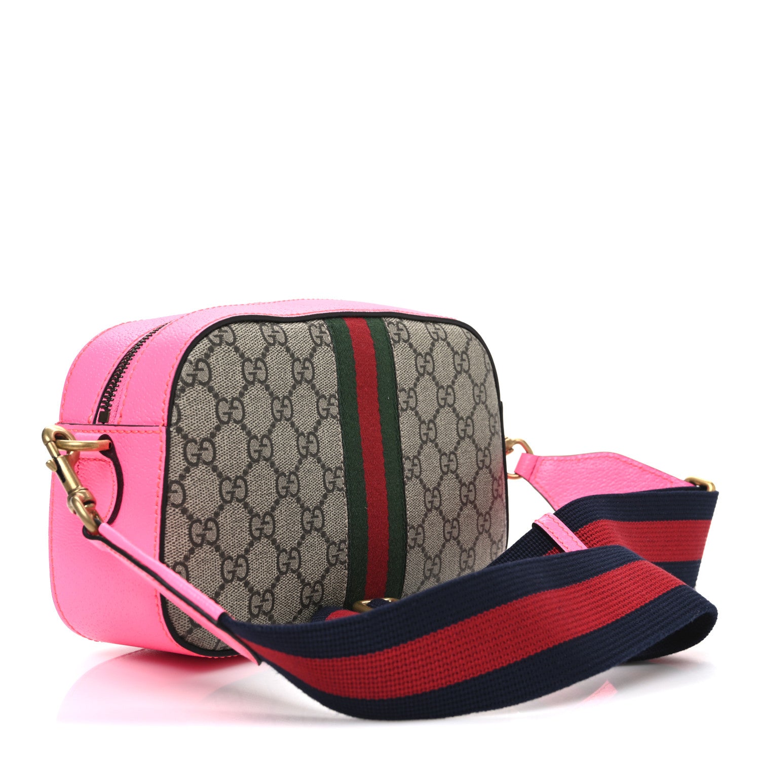 Gucci GG Supreme Monogram Textured Dollar Calfskin Web Ophidia Small Crossbody Bag Beige Ebony Fuchsia 3 of 10