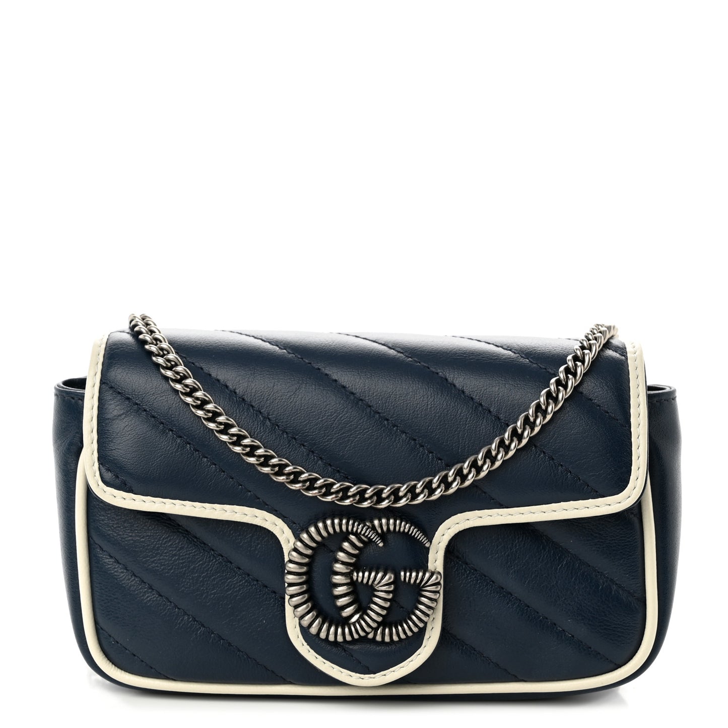 Vintage Effect Calfskin Matelasse Diagonal Super Mini Torchon GG Marmont Shoulder Bag Blue Agata Mystic White