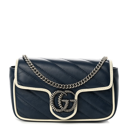 Gucci Vintage Effect Calfskin Matelasse Diagonal Super Mini Torchon GG Marmont Shoulder Bag Blue Agata Mystic White 1 of 10