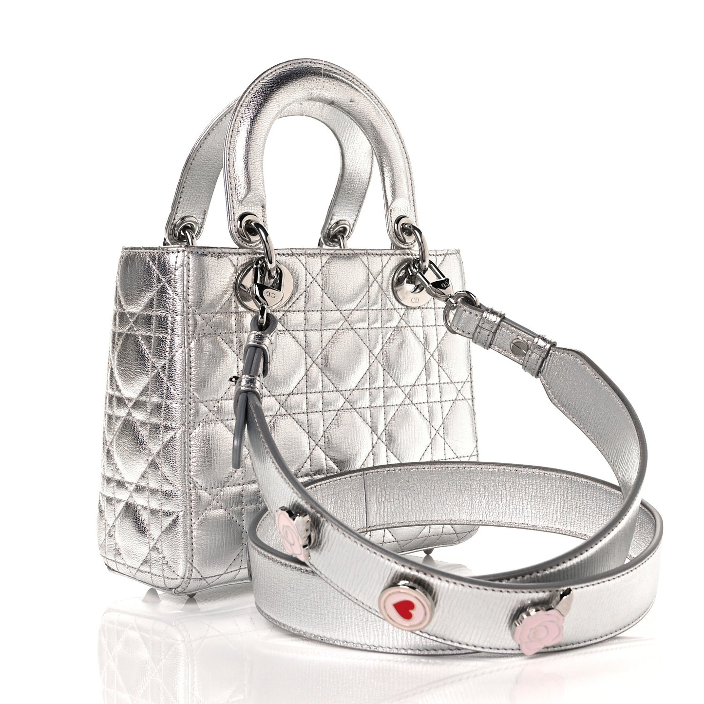 Metallic Grained Calfskin Cannage Small Lucky Badges My Lady Dior Silver