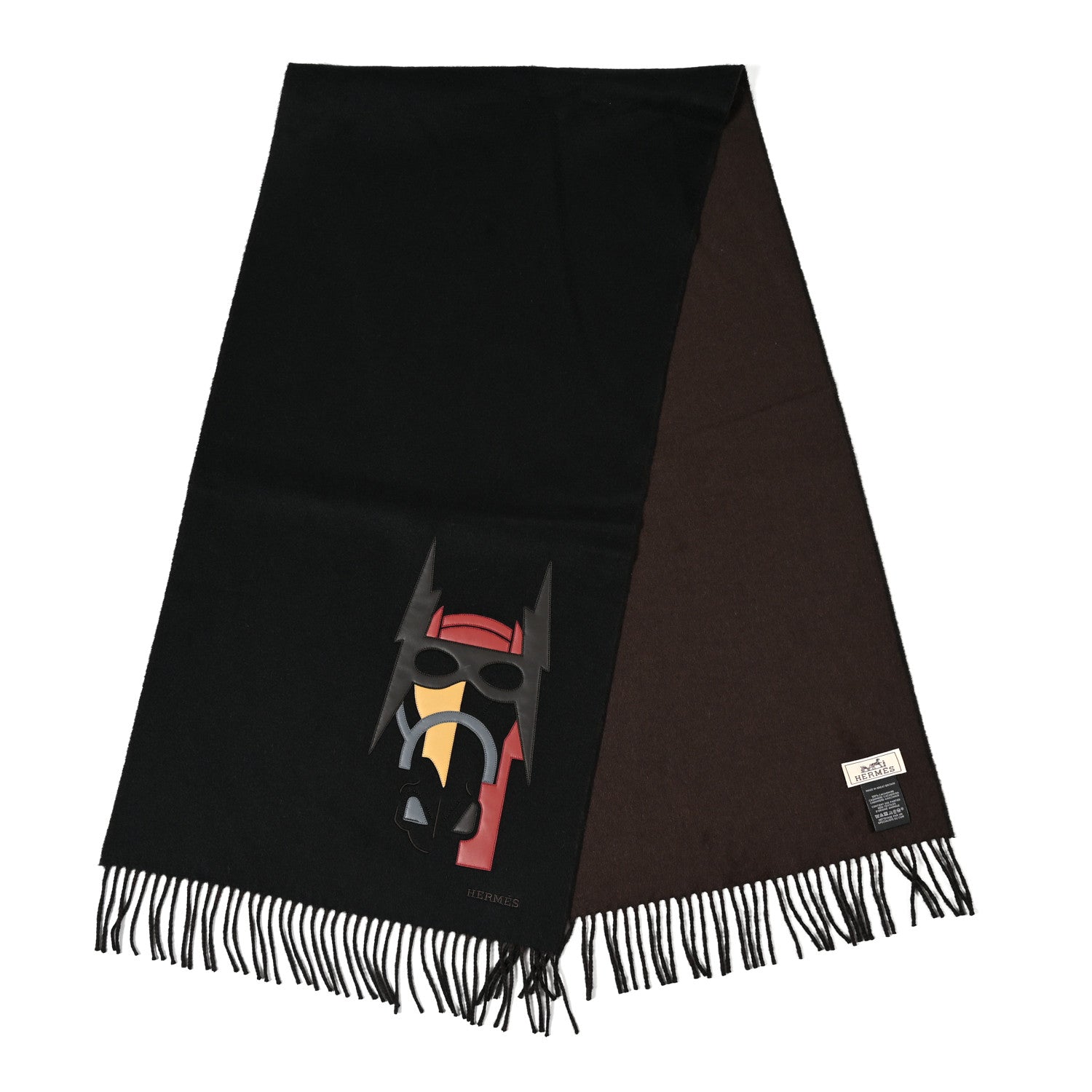 Hermes Cashmere Lambskin Patch Cuir Super H Muffler Black Marron Pollen 2 of 6