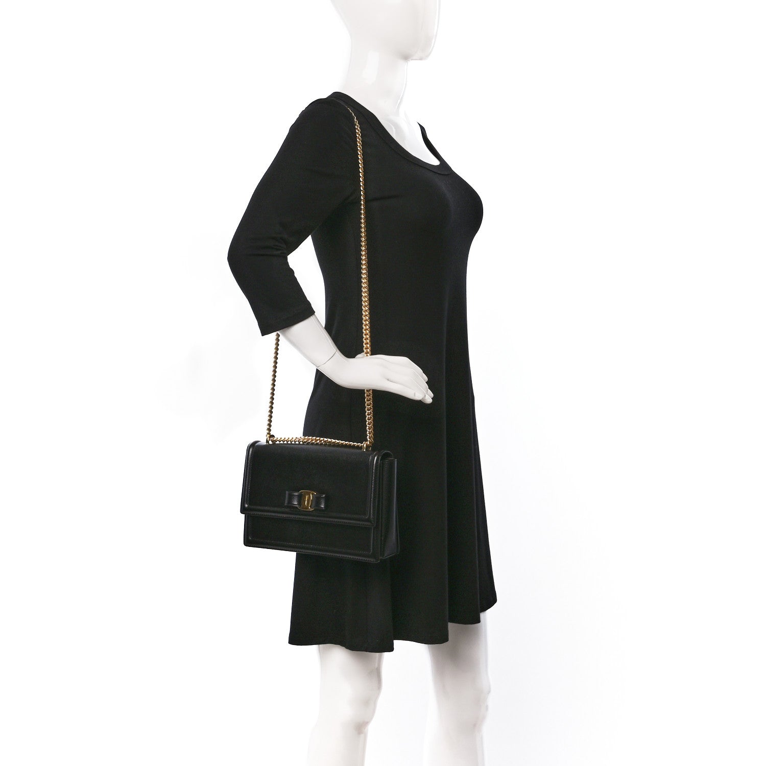 Salvatore Ferragamo Hammered Calfskin Vara Bow Chain Flap Crossbody Black 2 of 8