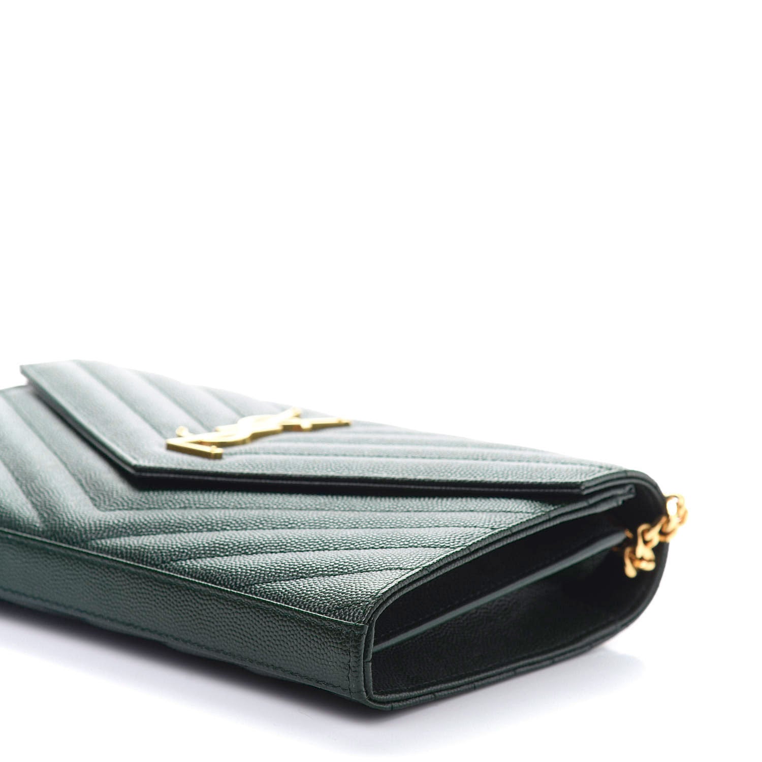 Saint Laurent Grain De Poudre Matelasse Chevron Monogram Chain Wallet Dark Green 7 of 11