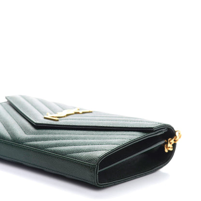 Saint Laurent Grain De Poudre Matelasse Chevron Monogram Chain Wallet Dark Green 7 of 11