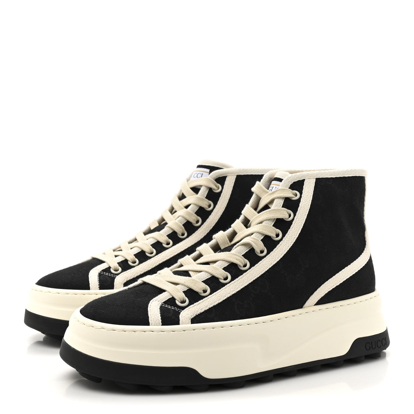New Canvas GG Monogram Womens Tennis 1977 High Top 55mm Platform Sneakers 38 Black Mystic White