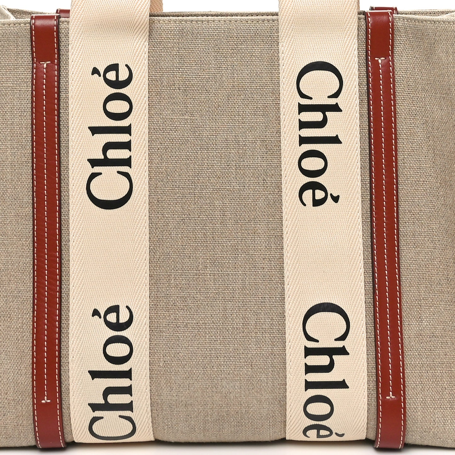 Linen Calfskin Medium Woody Ribbon Tote White Brown