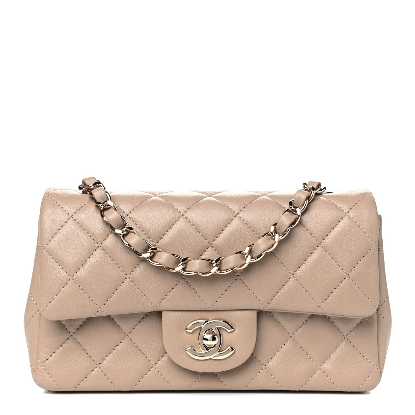 Lambskin Quilted Mini Rectangular Flap Dark Beige