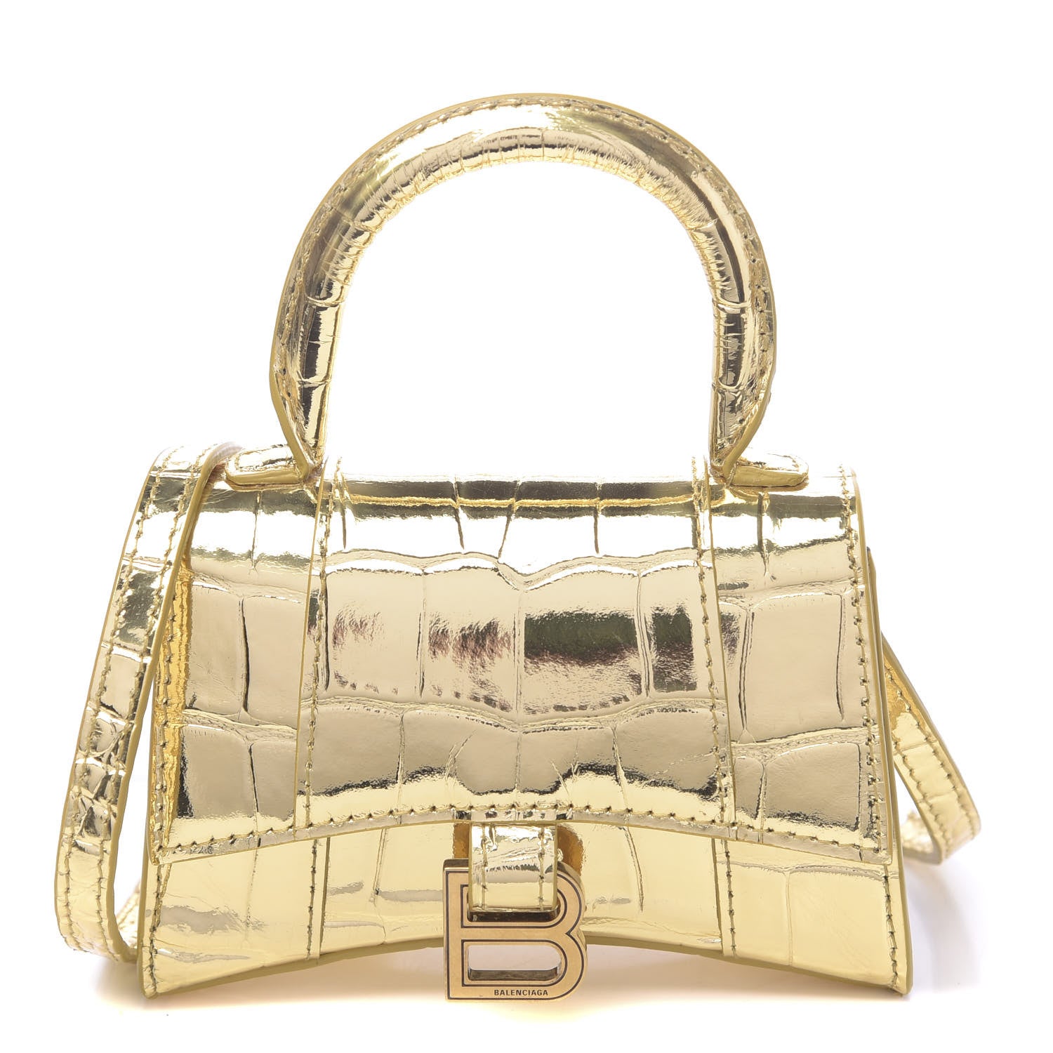 Balenciaga Metallic Calfskin Crocodile Embossed Hourglass Top Handle Bag Mini Gold 1 of 11