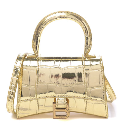 Balenciaga Metallic Calfskin Crocodile Embossed Hourglass Top Handle Bag Mini Gold 1 of 11
