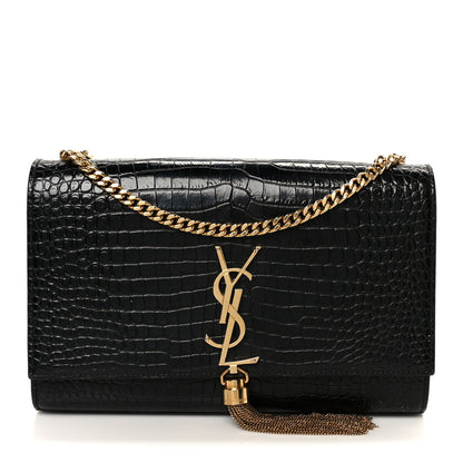 Saint Laurent Calfskin Crocodile Embossed Medium Classic Monogram Kate Tassel Satchel Black 1 of 11