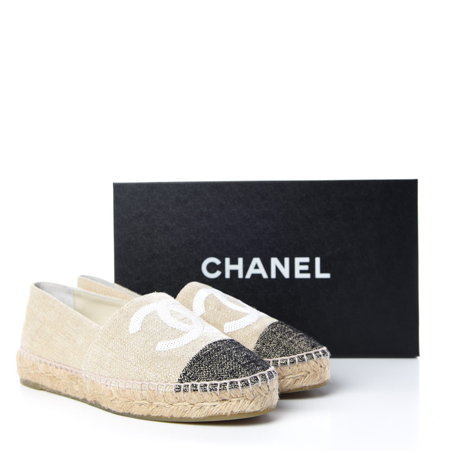 Chanel Linen Sequin CC Espadrilles 37 Beige Black 12 of 12