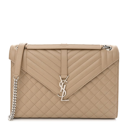 Saint Laurent Grain De Poudre Mixed Matelasse Large Triquilt Monogram Satchel Dark Beige 1 of 14