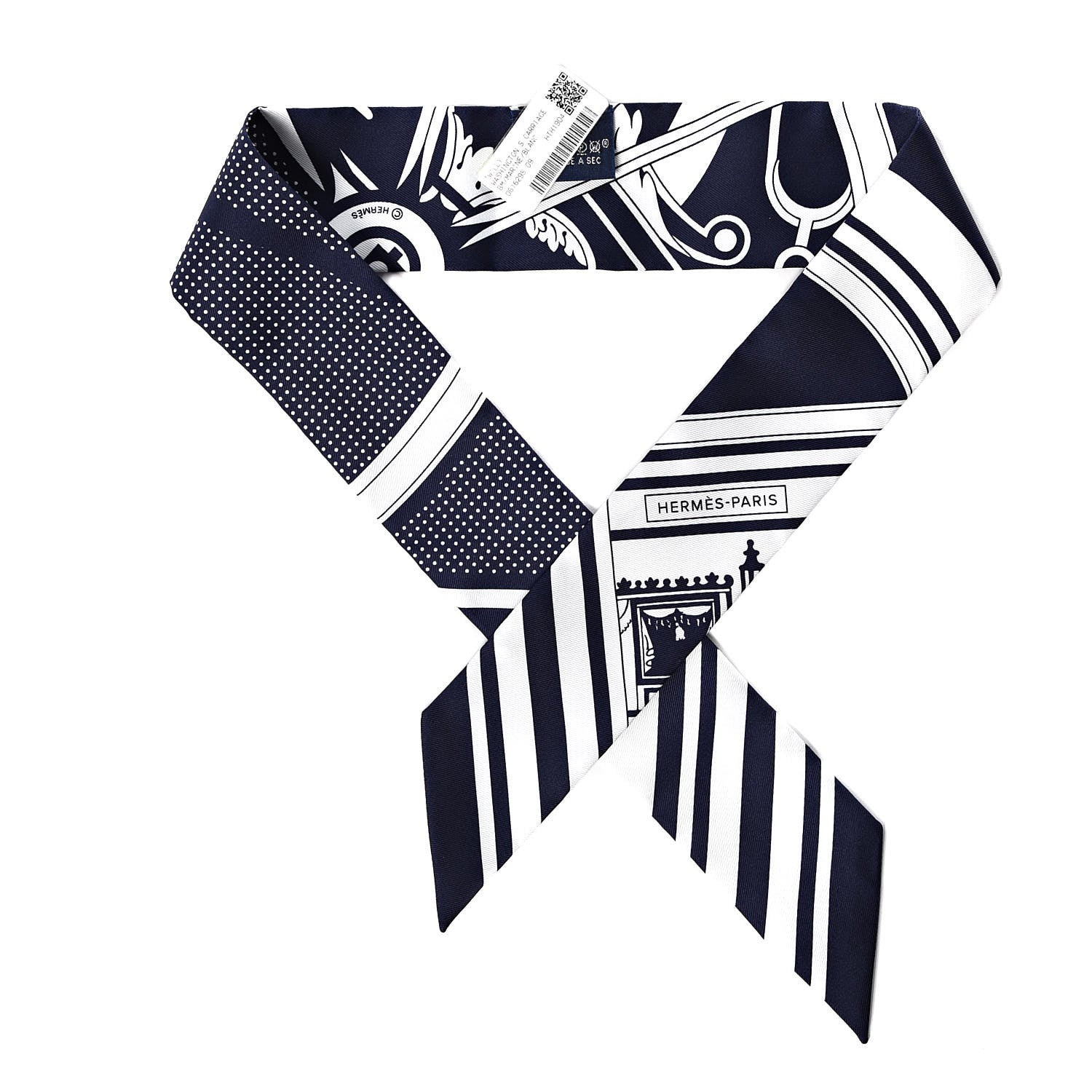 Hermes Silk Washington's Carriage Detail Twilly Marine White 1 of 4