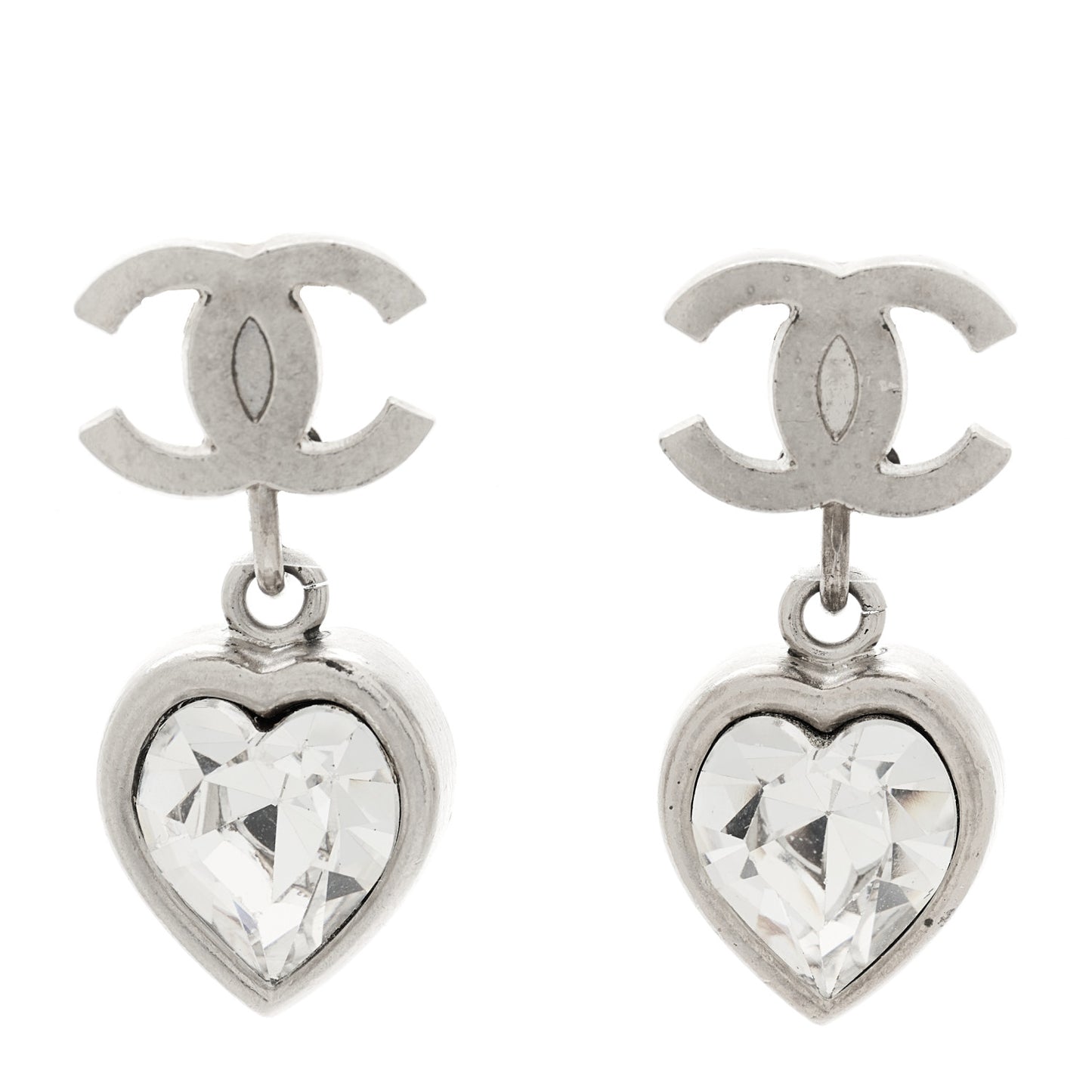 Crystal Heart CC Drop Clip On Earrings Silver