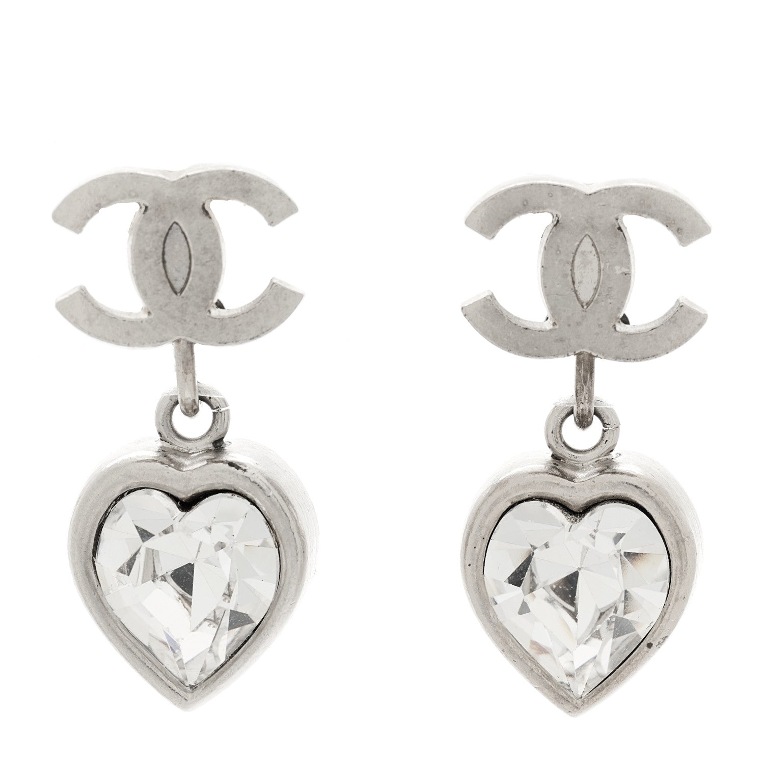 Chanel Crystal Heart CC Drop Clip On Earrings Silver 1 of 6