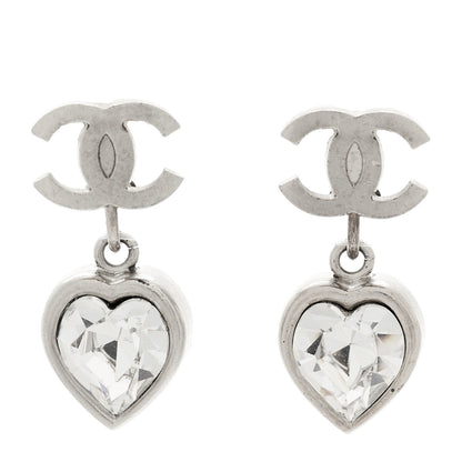 Chanel Crystal Heart CC Drop Clip On Earrings Silver 1 of 6