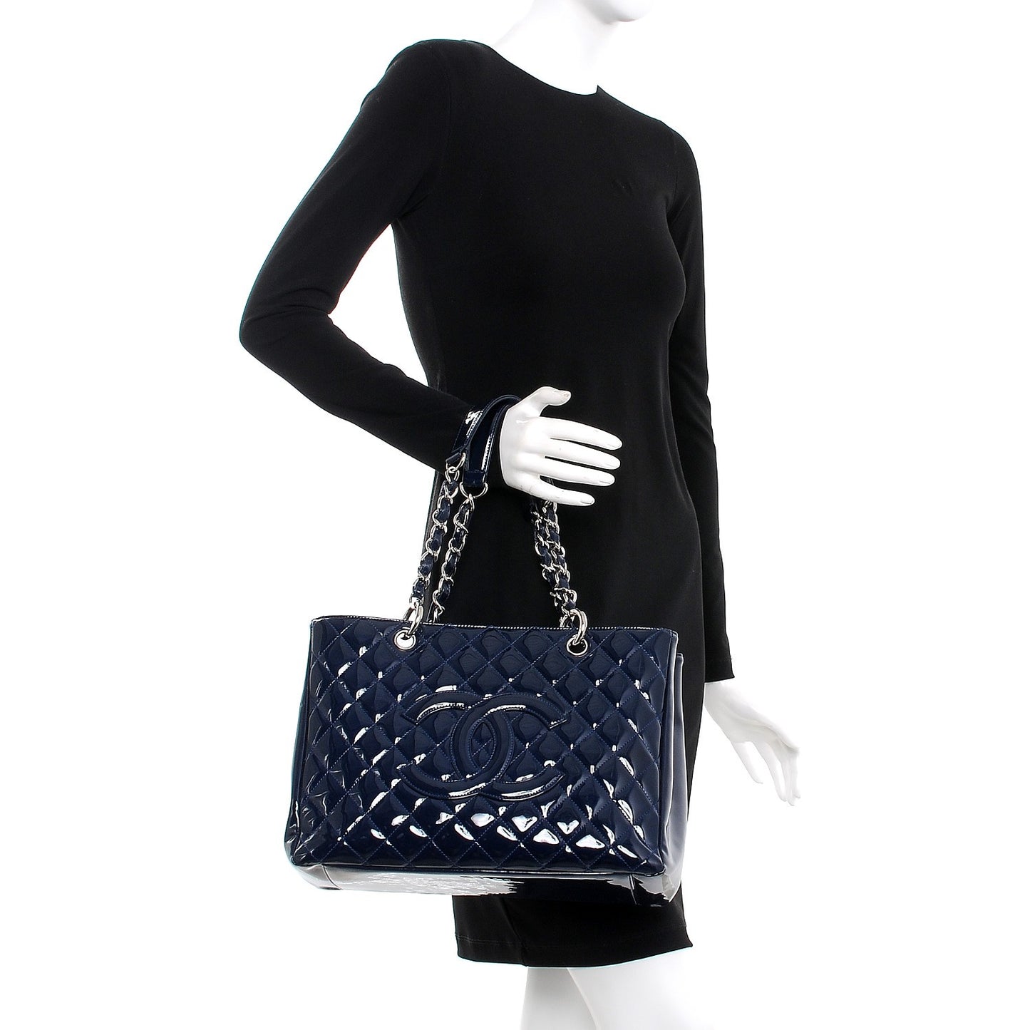Patent Quilted Grand Shopping Tote GST Navy Blue