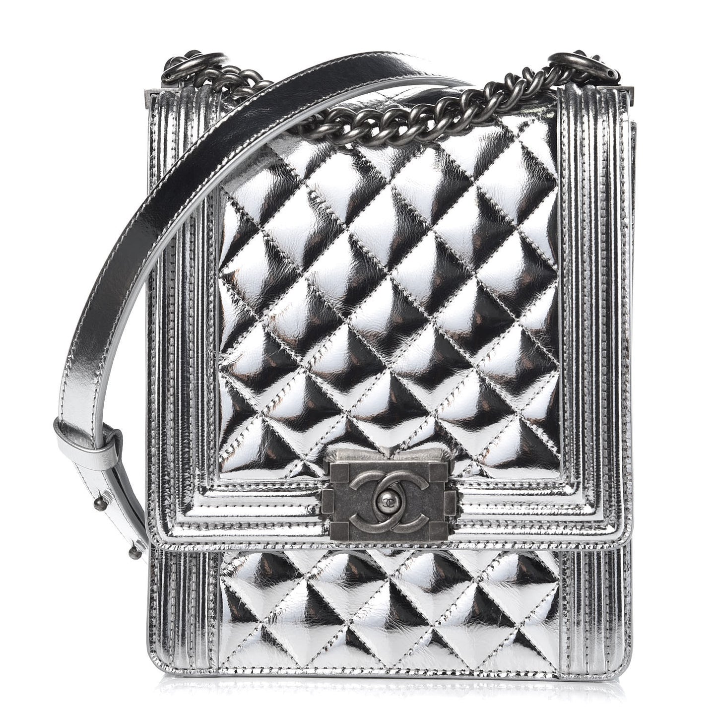 Metallic Goatskin Quilted North South Boy Flap Silver