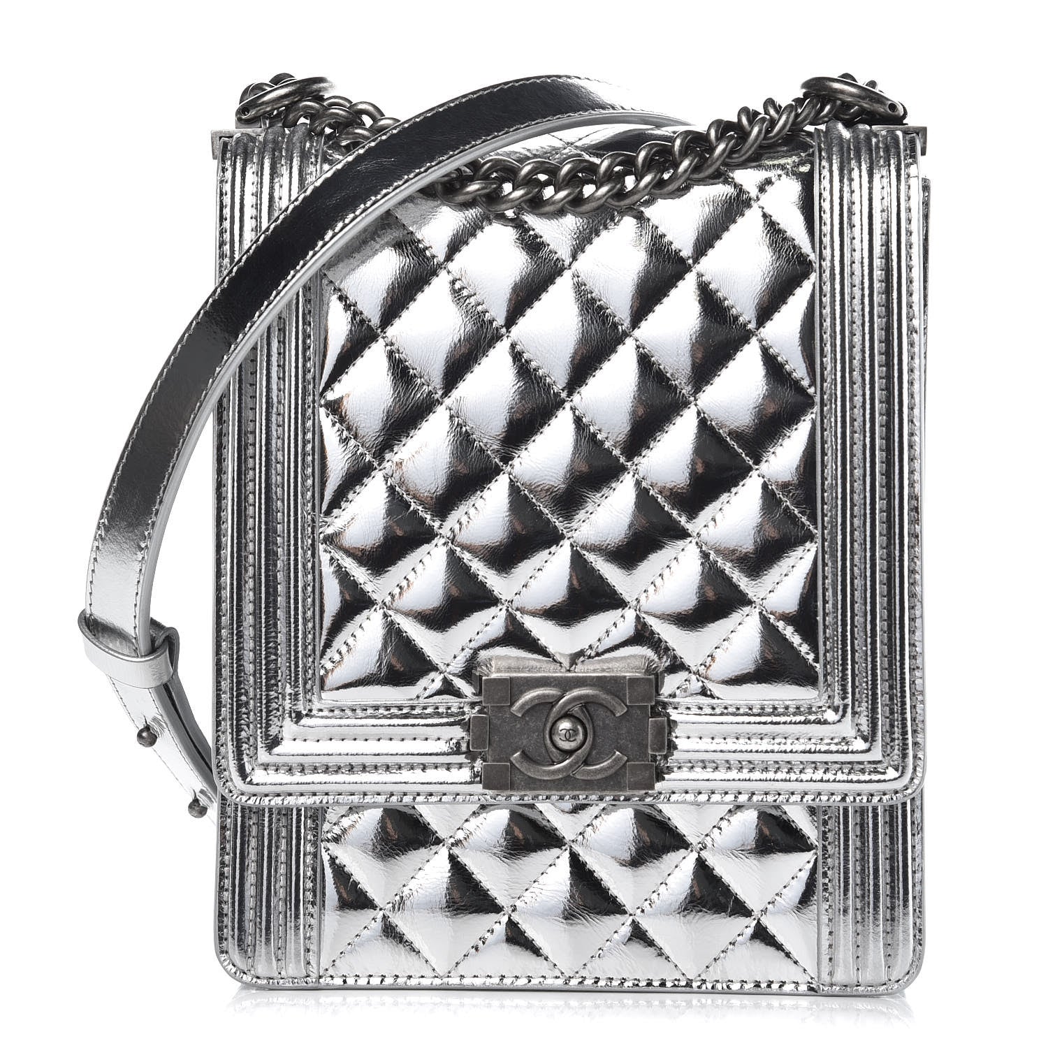 Chanel Metallic Goatskin Quilted North South Boy Flap Silver 1 of 8