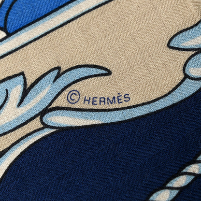 Hermes Cashmere Silk Coup De Gala Shawl 140 Marine Naturel Ciel 4 of 5
