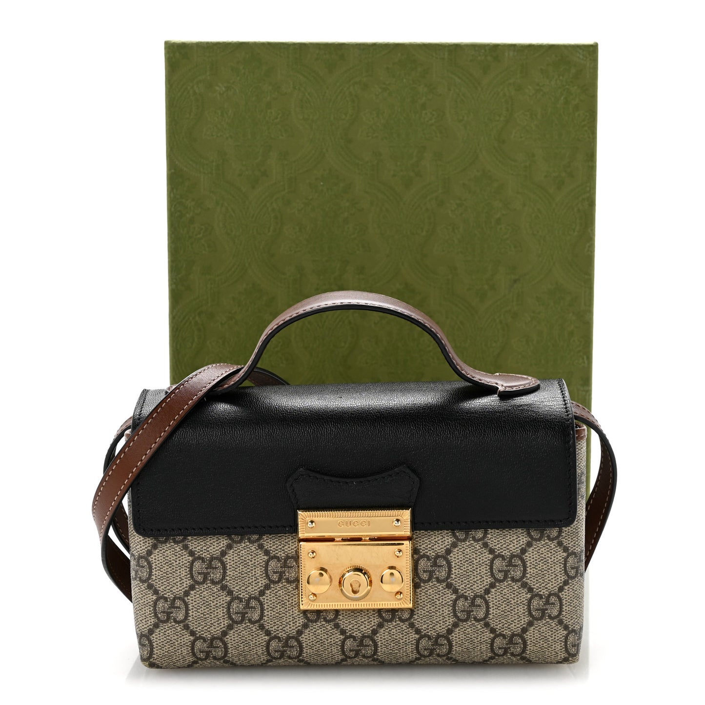 GG Supreme Monogram Calfskin Mini Padlock Top Handle Shoulder Bag Beige Black Cuir