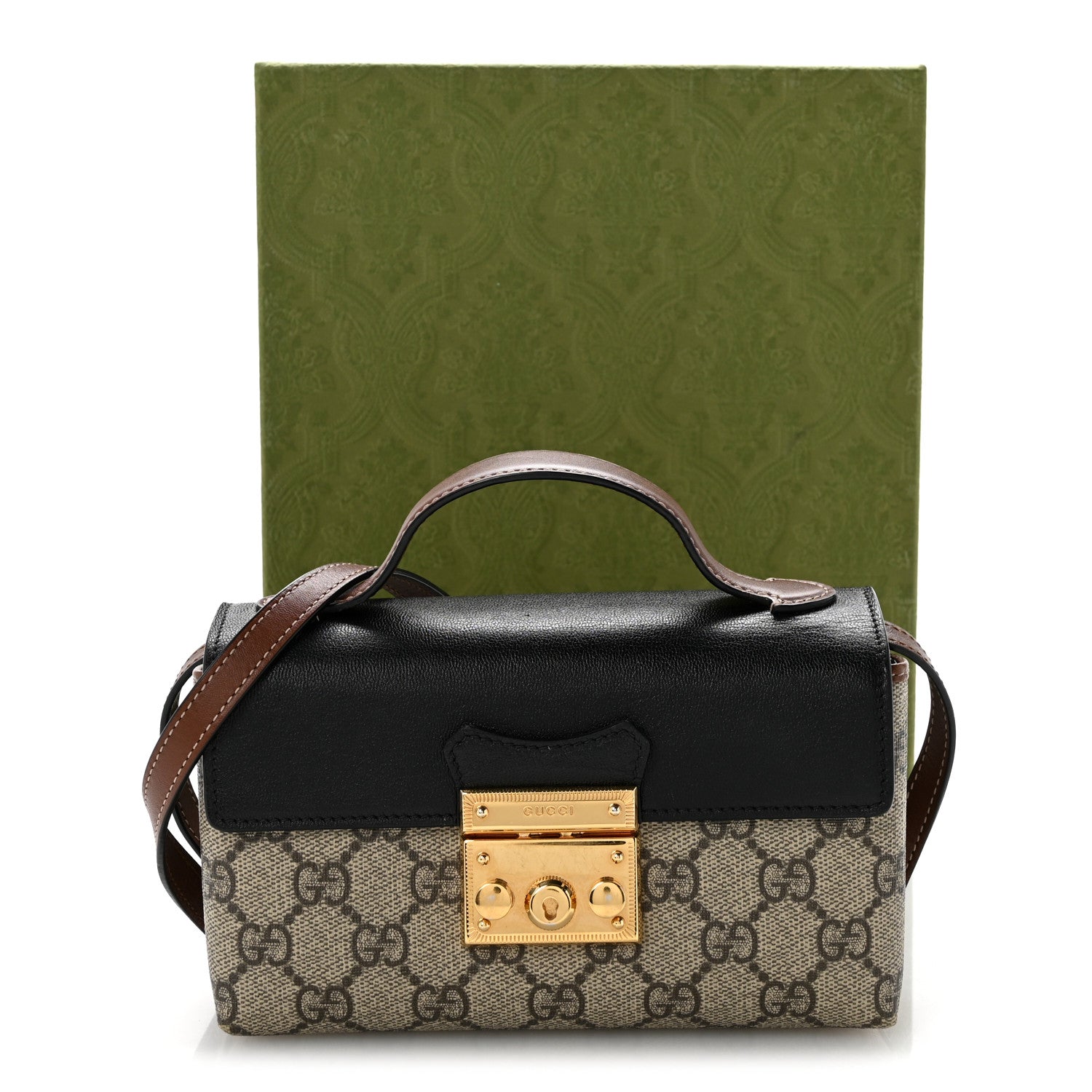 Gucci GG Supreme Monogram Calfskin Mini Padlock Top Handle Shoulder Bag Beige Black Cuir 14 of 14