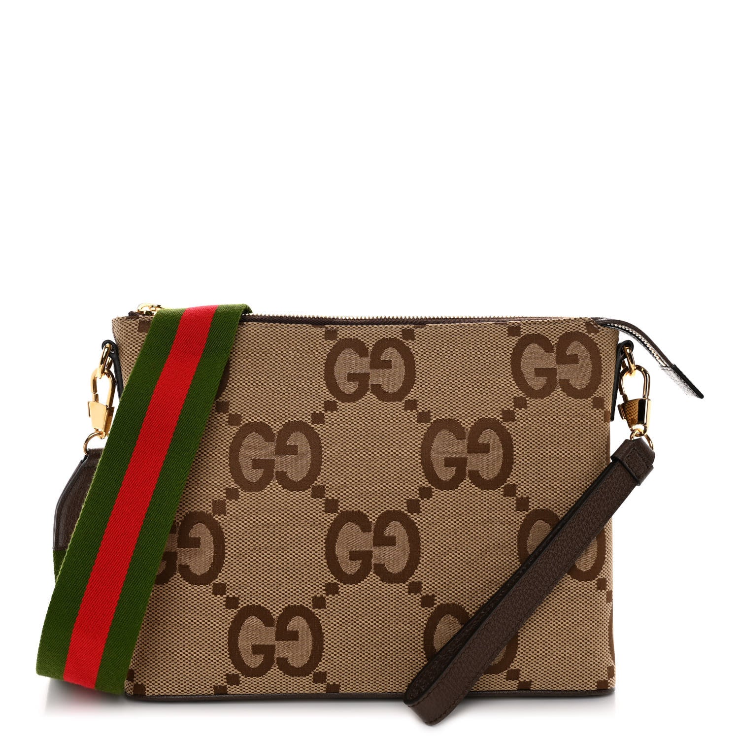 Gucci Monogram Jumbo GG Textured Dollar Calfskin Web Wristlet Messenger Bag Camel Ebony New Acero 1 of 9