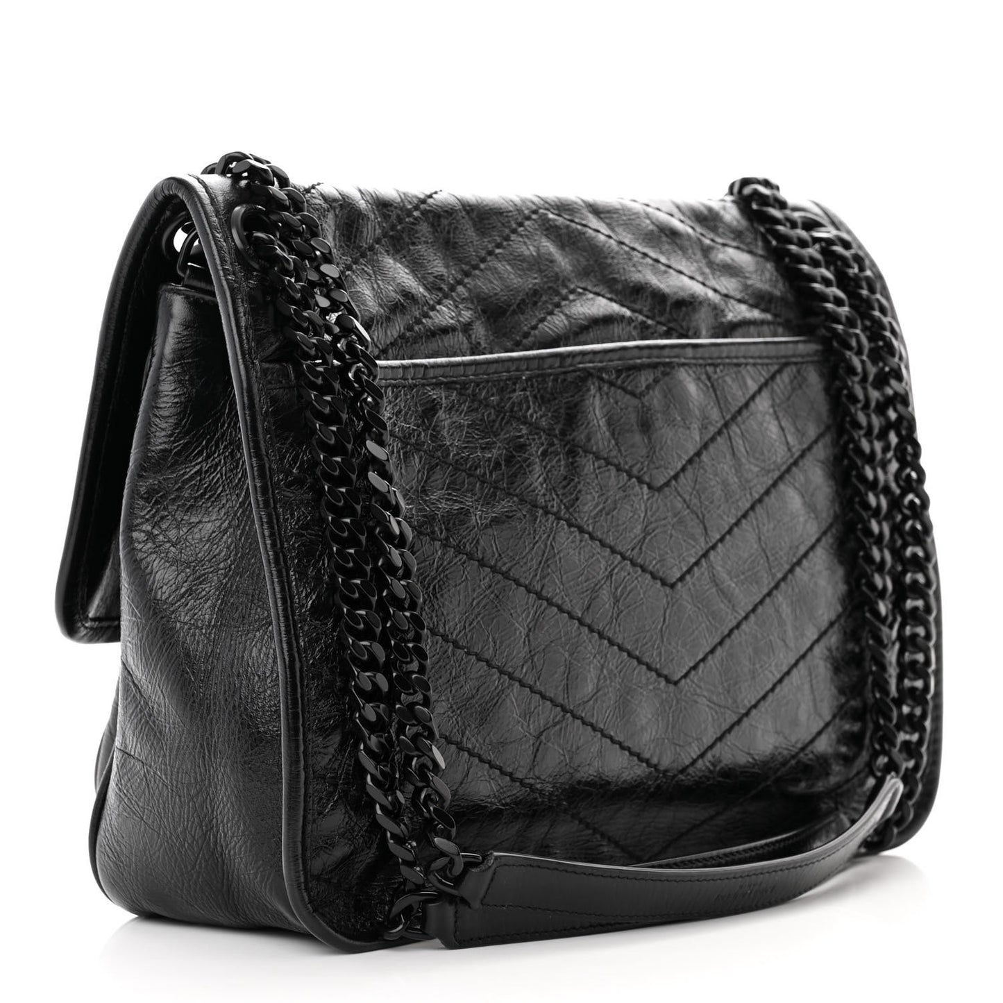 Crinkled Calfskin Matelasse Monogram Medium Niki Chain Satchel Black