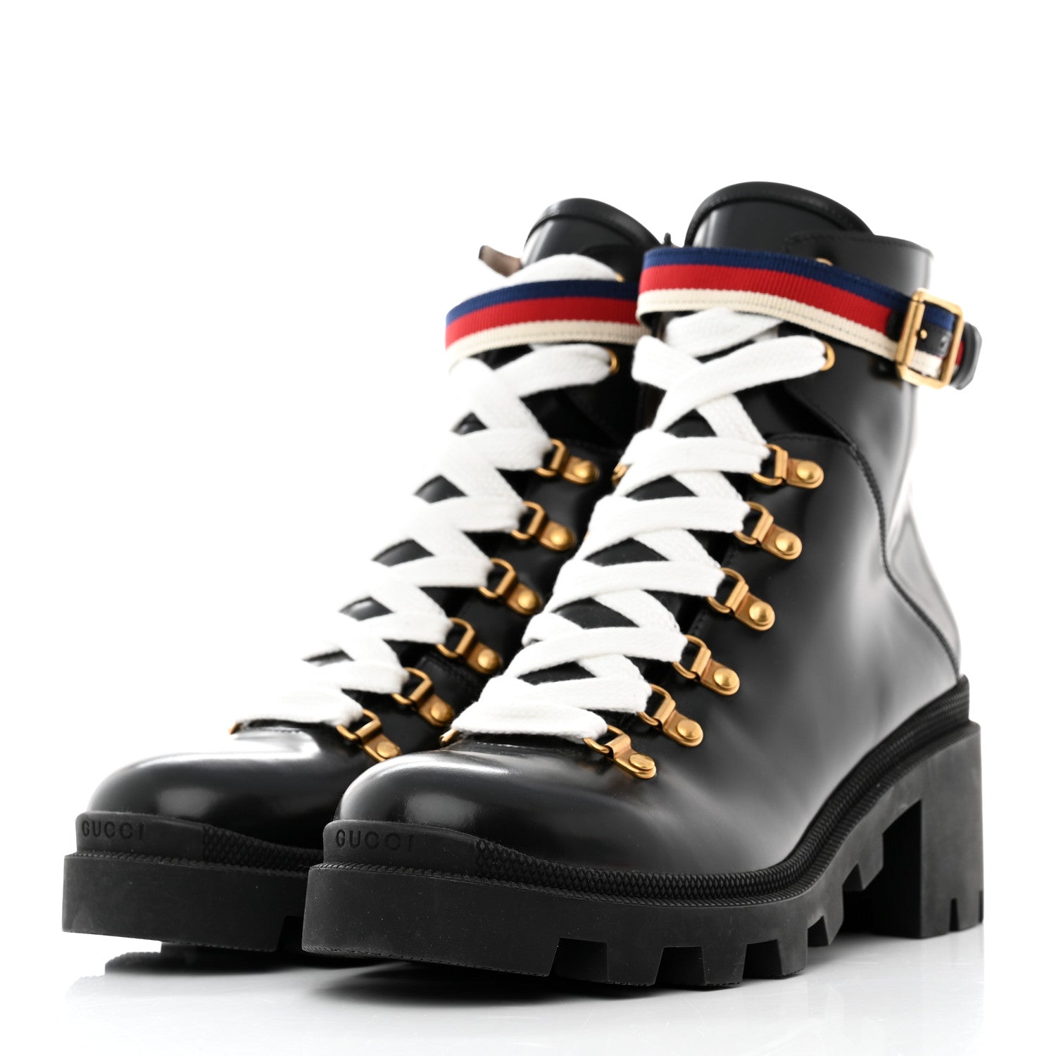 Gucci Calfskin Womens Sylvie Web Lace Up Combat Boots 41 Black 3 of 9