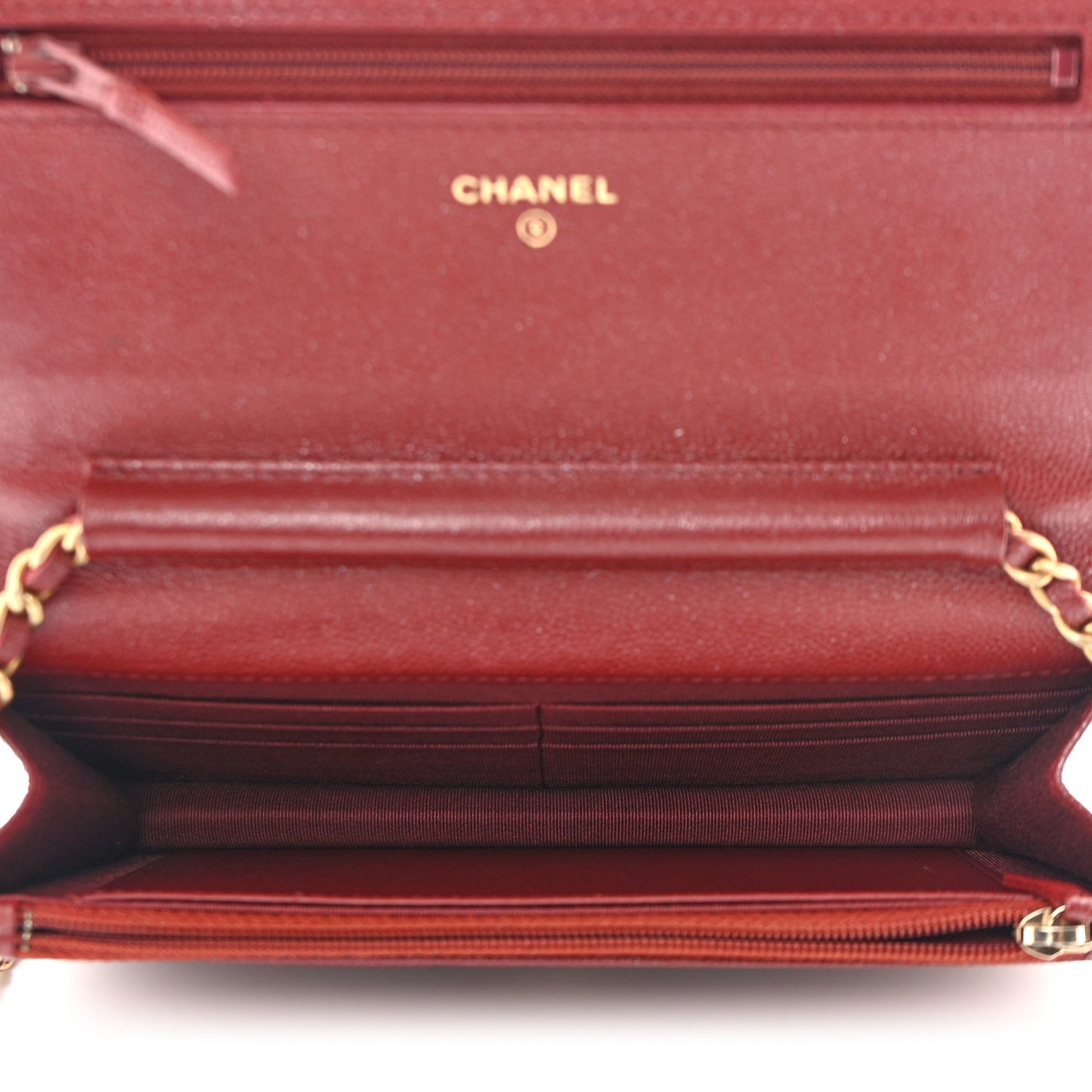 Metallic Caviar Quilted Wallet on Chain WOC Burgundy